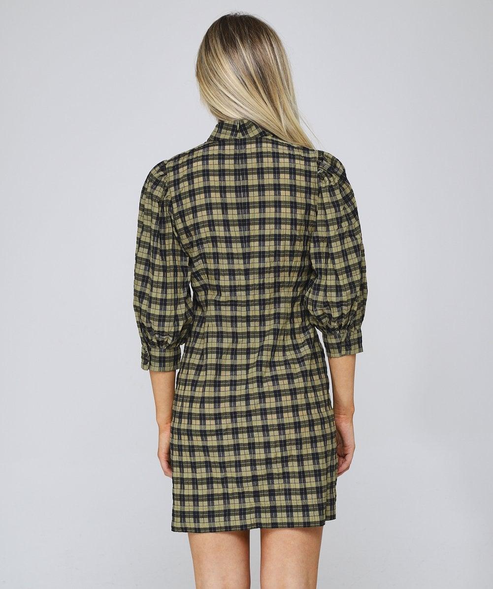 Ganni Cotton Seersucker Check Mini Dress in Green - Lyst