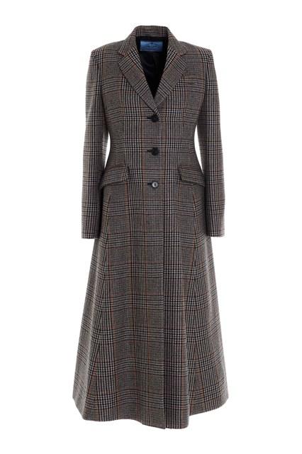 Prada Wool Prince Of Wales Redingote Coat in Grey - Lyst