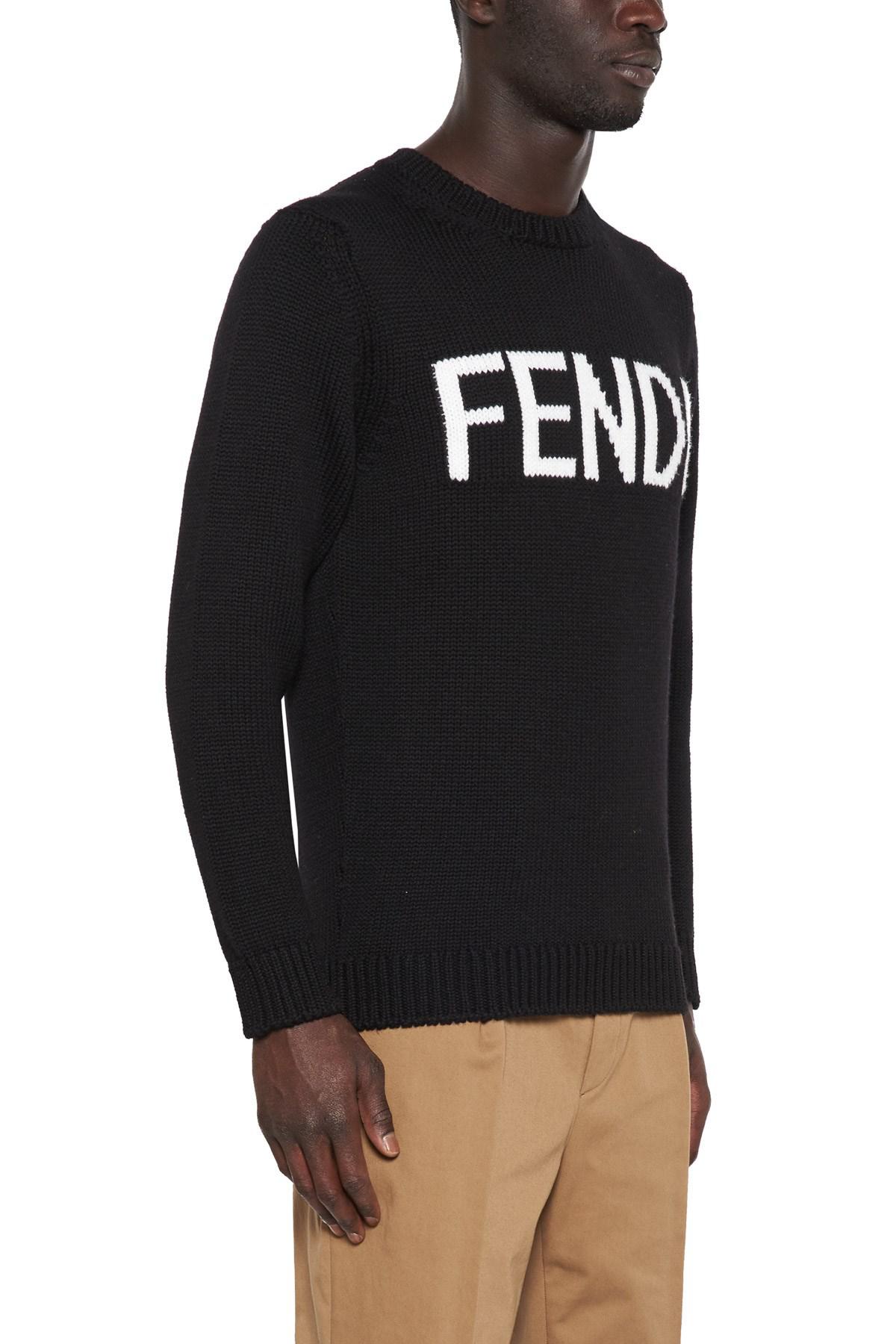 Fendi Wool Logo Intarsia Jumper in Black for Men | Lyst
