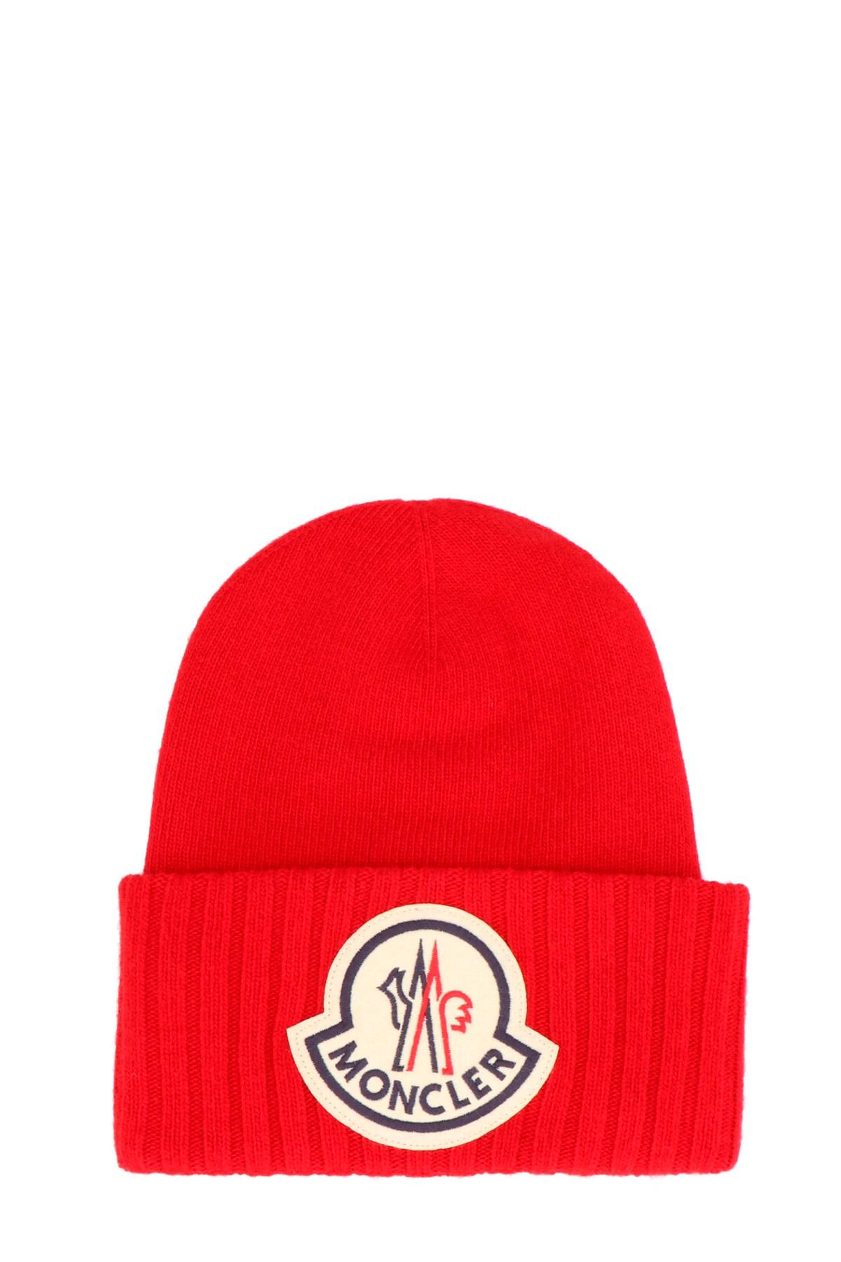 Moncler Wool Ribbed Hem Beanie in Red 