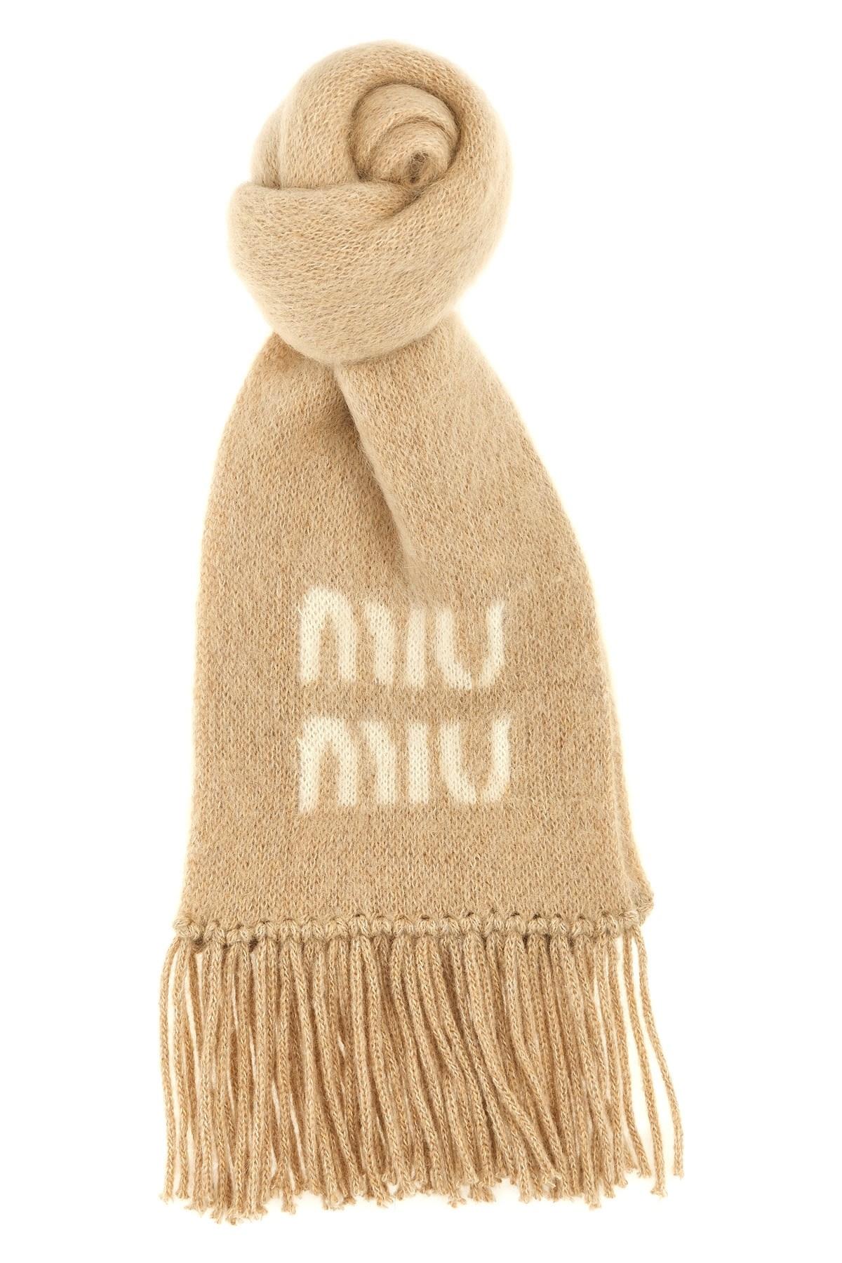 小物 MIU MIU wool scarf Miu Miu Logo Scarf in Natural | Lyst UK