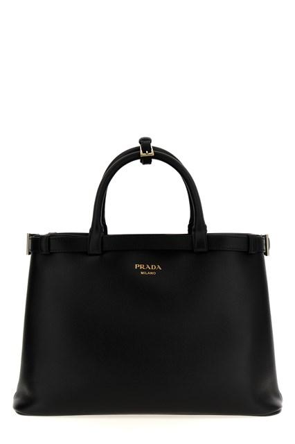 トートバッグ PRADA Black leather medium Prada Buckle handbag Black Prada Buckle medium leather handbag with double belt