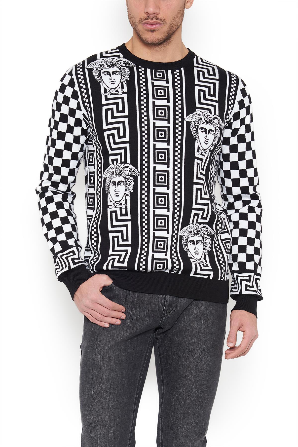 Versace Cotton Greek Motif Checkered Jacquard Sweater in Black/White ...