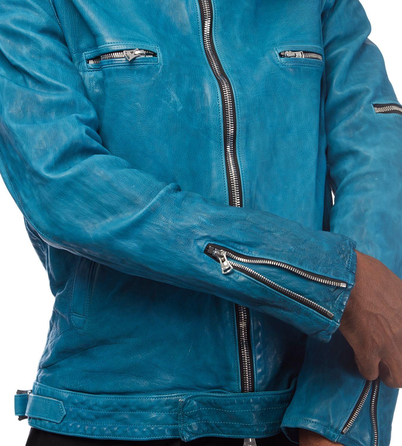 turquoise moto jacket