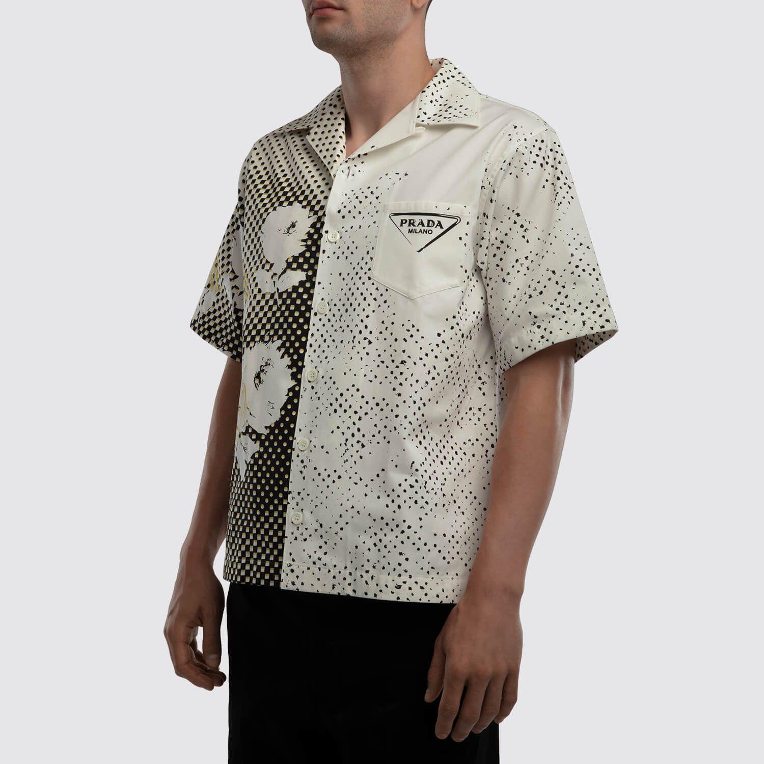 Prada White Tweed Logo Bowling Shirt 