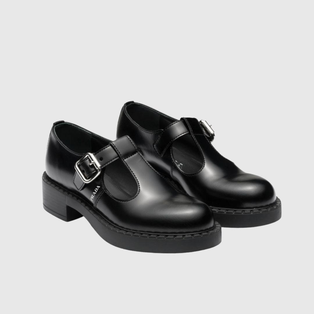 Prada Brushed-leather Mary Janes in Black | Lyst