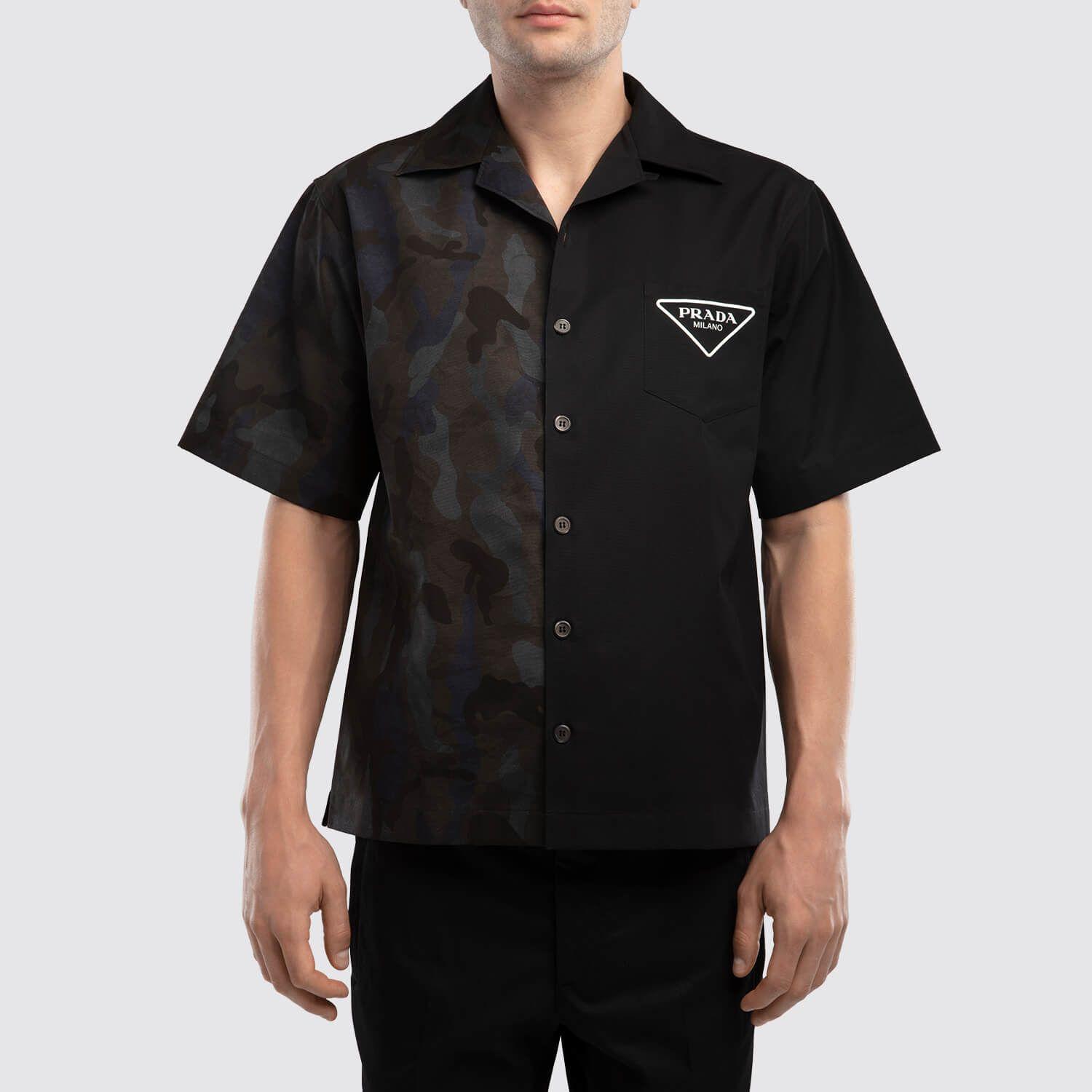 Prada Cotton Camo Panel Bowling Shirt in Black for Men | Lyst