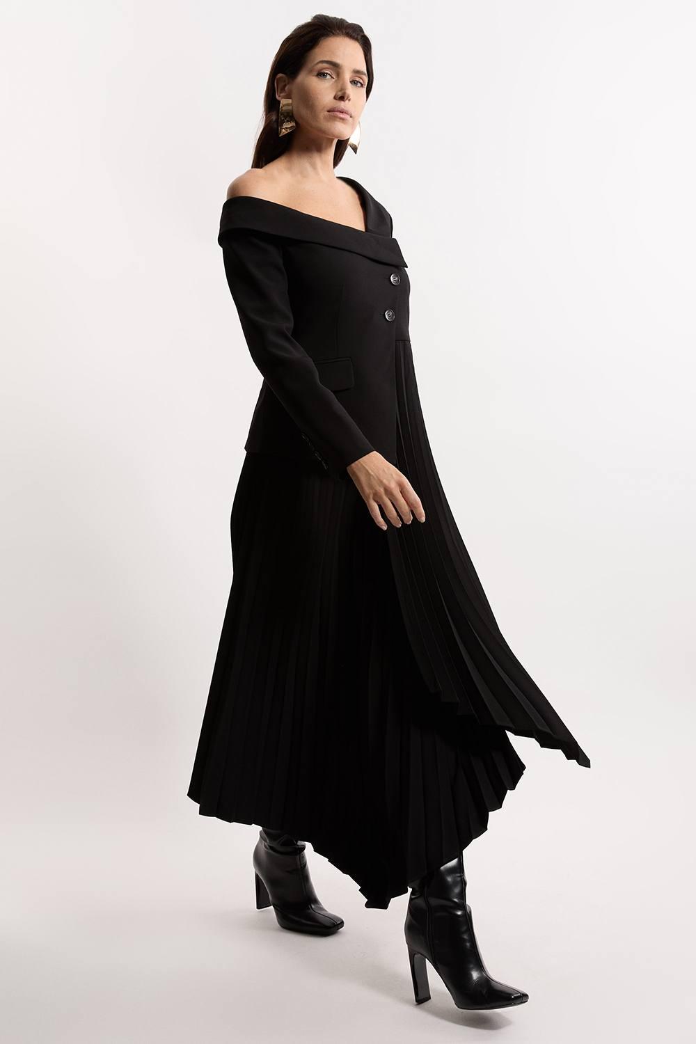 tailored crepe asymmetric pleated midi dress Karen Millen in Black Womens Summer Midi Dresses 1960s girls dress Size:OS Minimal Design Unique Asymmetric
