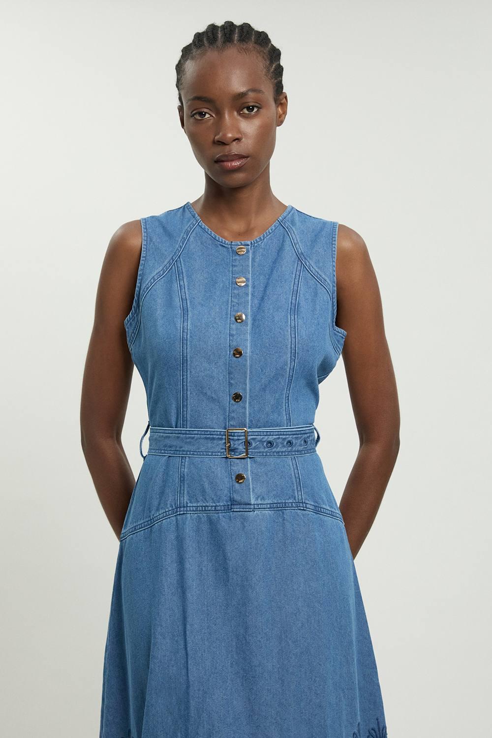 Karen Millen Denim Cut Out Halterneck Midi Dress in Blue