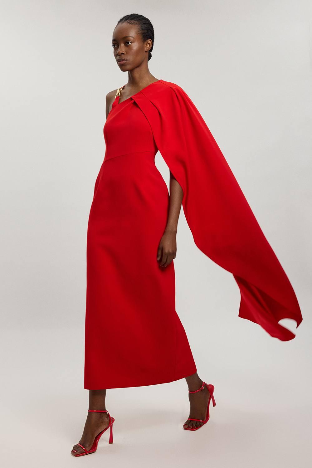 karen millen red cape dress Karen Millen Hotfix Studded Tie Neck Detail Cape Woven Maxi Dress in Burgundy