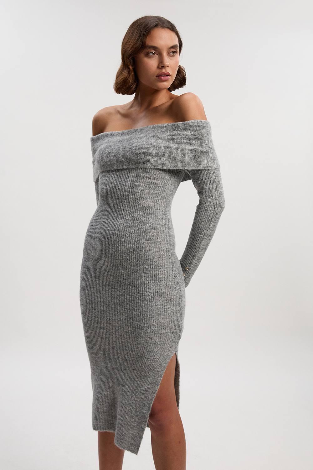 karen millen grey knit dress Wool Blend Cosy Bardot Midi in Ebay