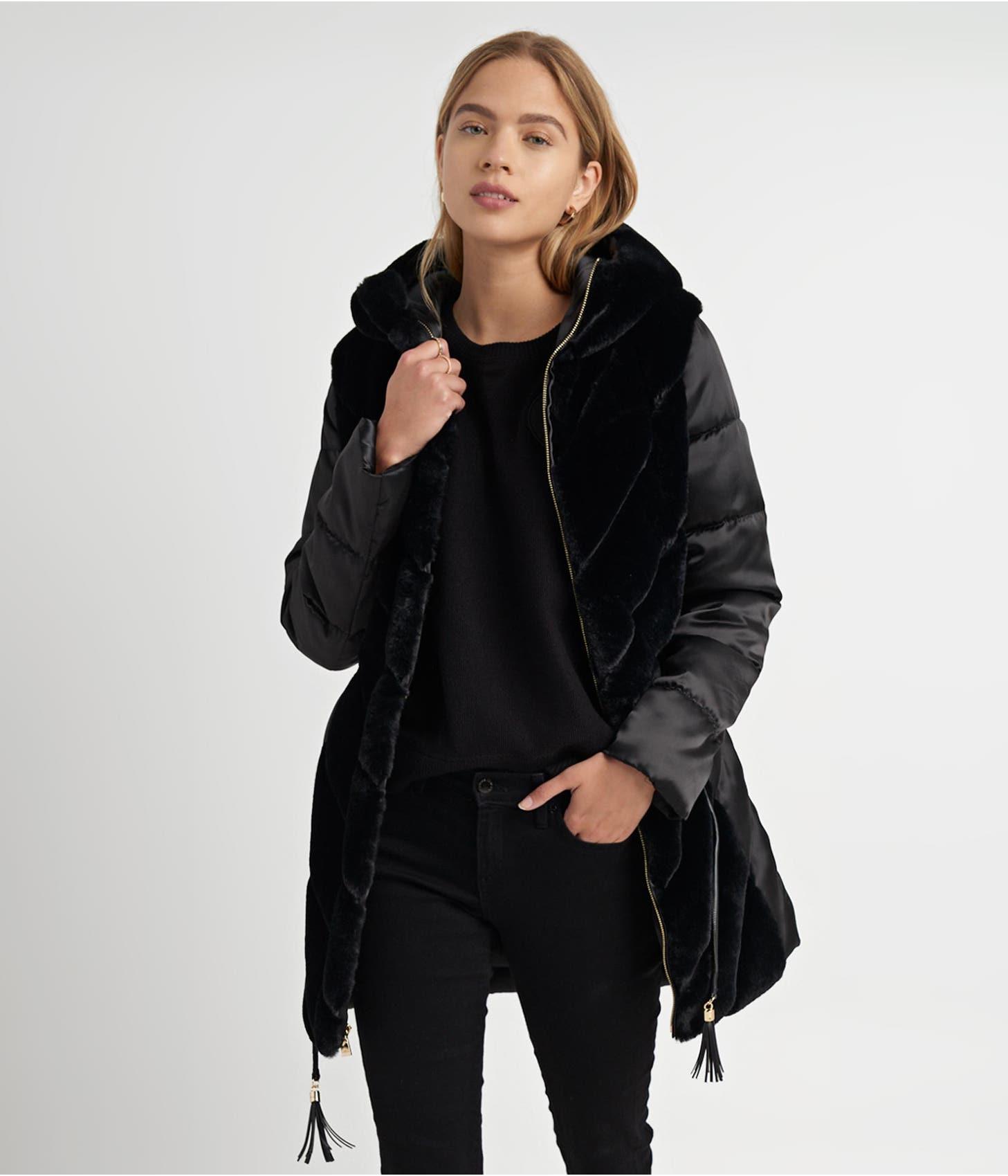 Karl Lagerfeld | Women's Tiered Faux Fur Belted Tassel Puffer Jacket | Black  | Size Large | Lyst