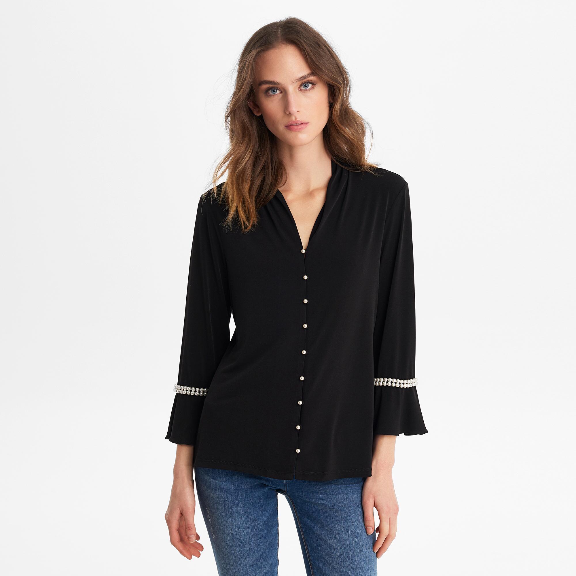 Karl Lagerfeld Synthetic Pearl Sleeve Button Blouse in Black - Lyst