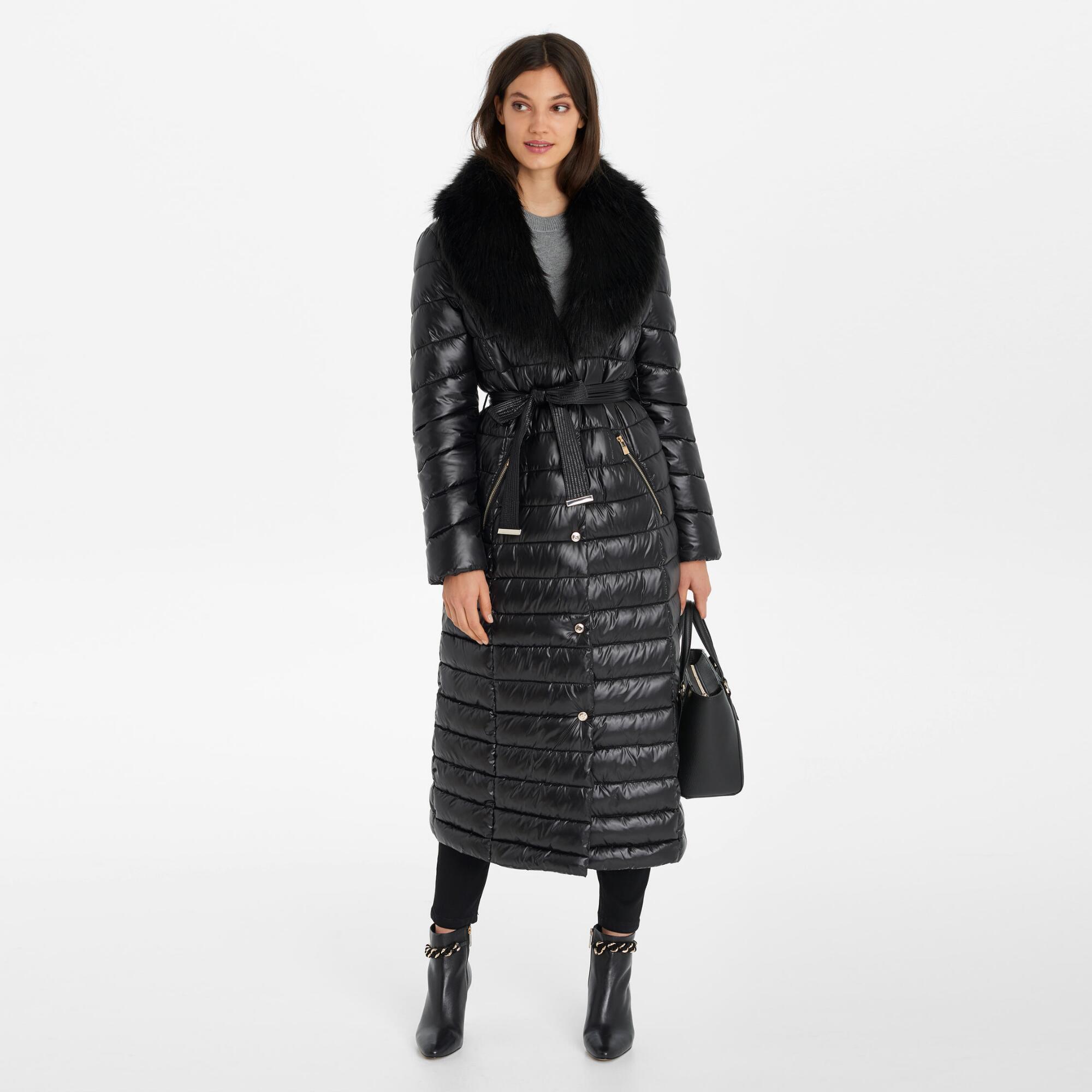 Karl Lagerfeld Full Length Belted Puffer With Faux Fur Trim in Black | Lyst