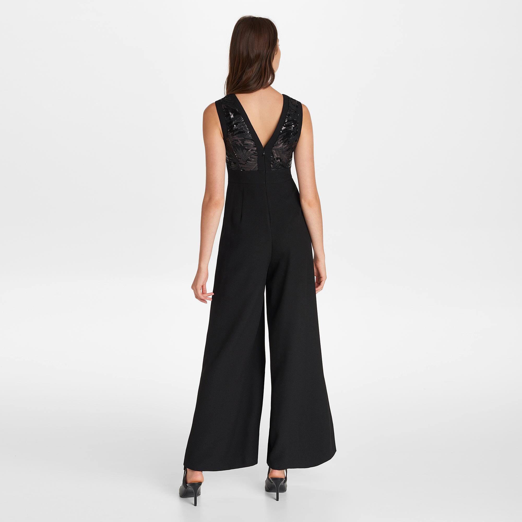 Karl Lagerfeld Synthetic Sleeveless V Neck Sequin Jumpsuit in Black - Lyst