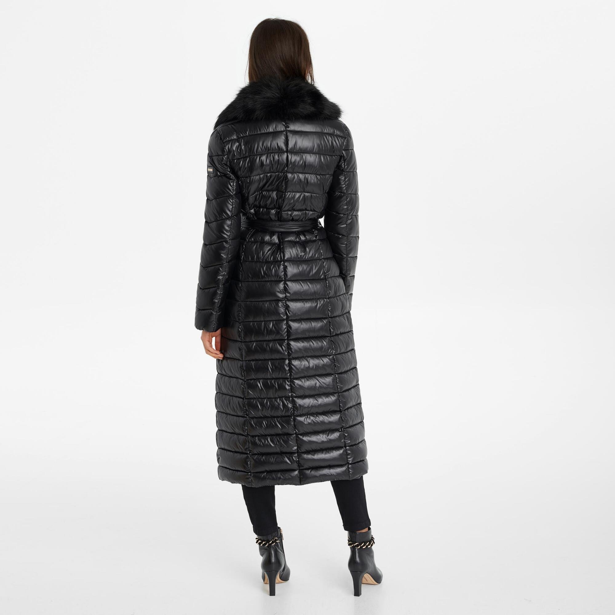 Karl Lagerfeld Full Length Belted Puffer With Faux Fur Trim in Black - Lyst
