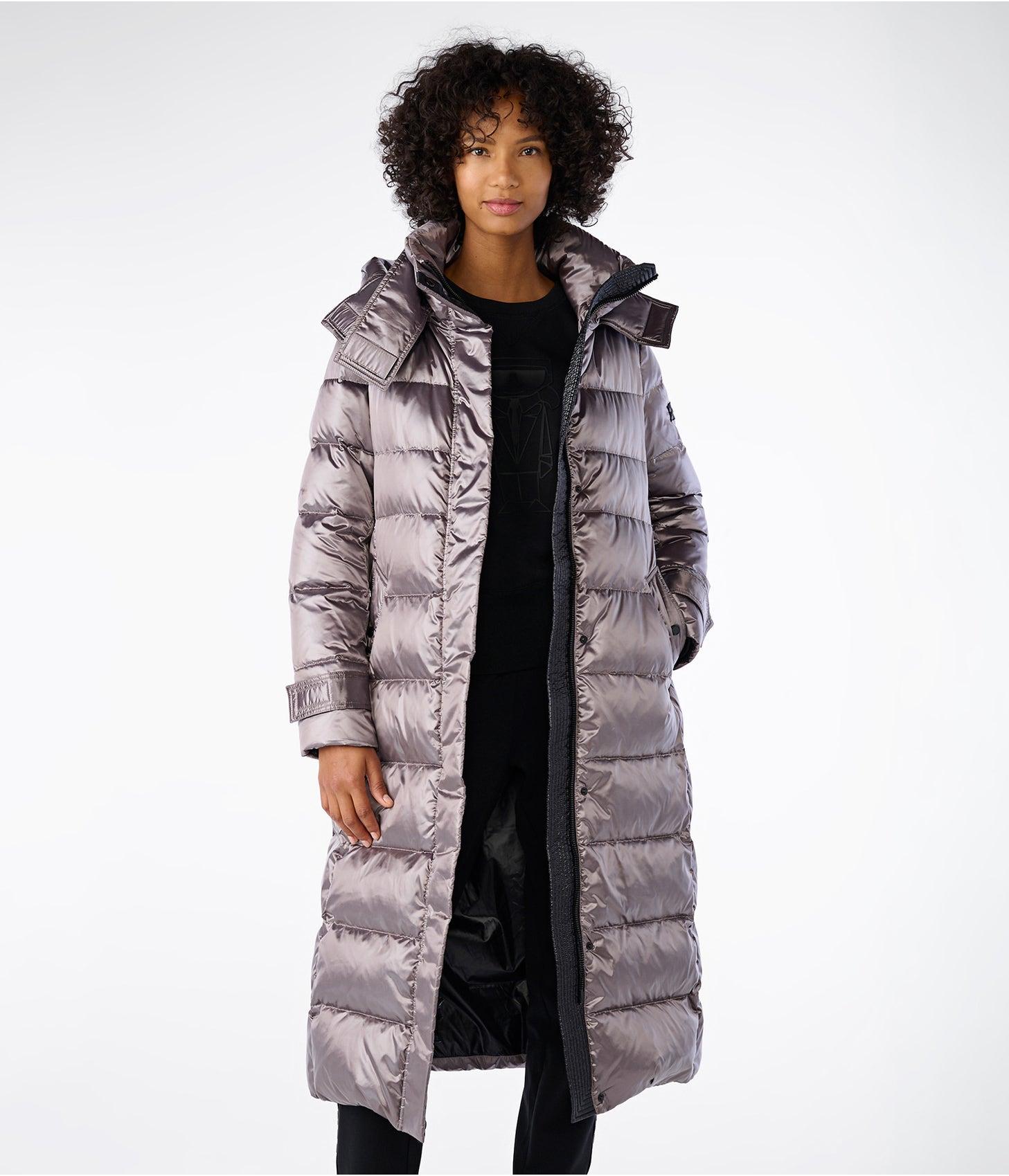 Karl Lagerfeld | Women's Contrast Maxi Belted Long Puffer Jacket | Gunmetal  Grey | Size Small in Gray | Lyst