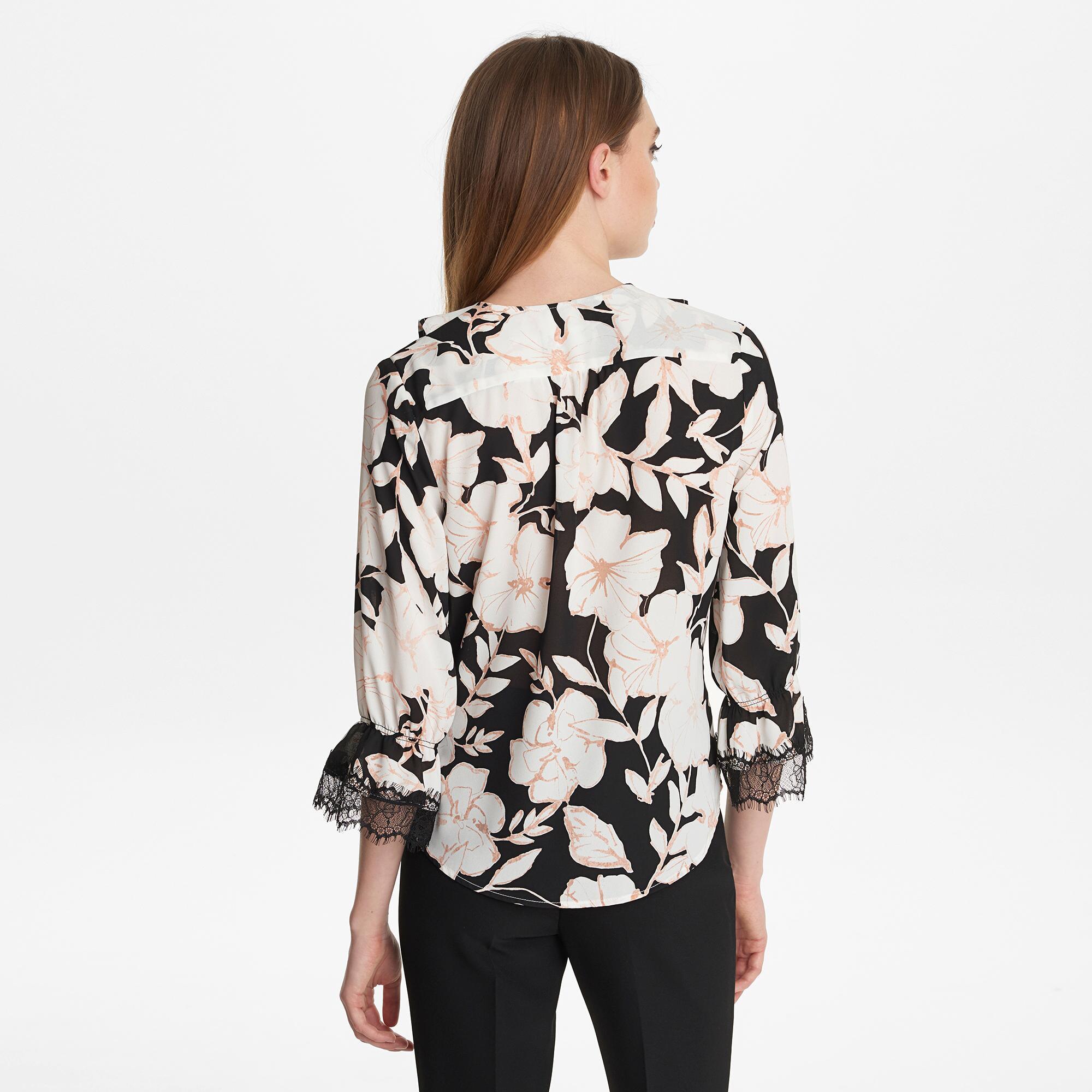 Karl Lagerfeld Floral Printed Ruffle Blouse With Lace in Black - Lyst