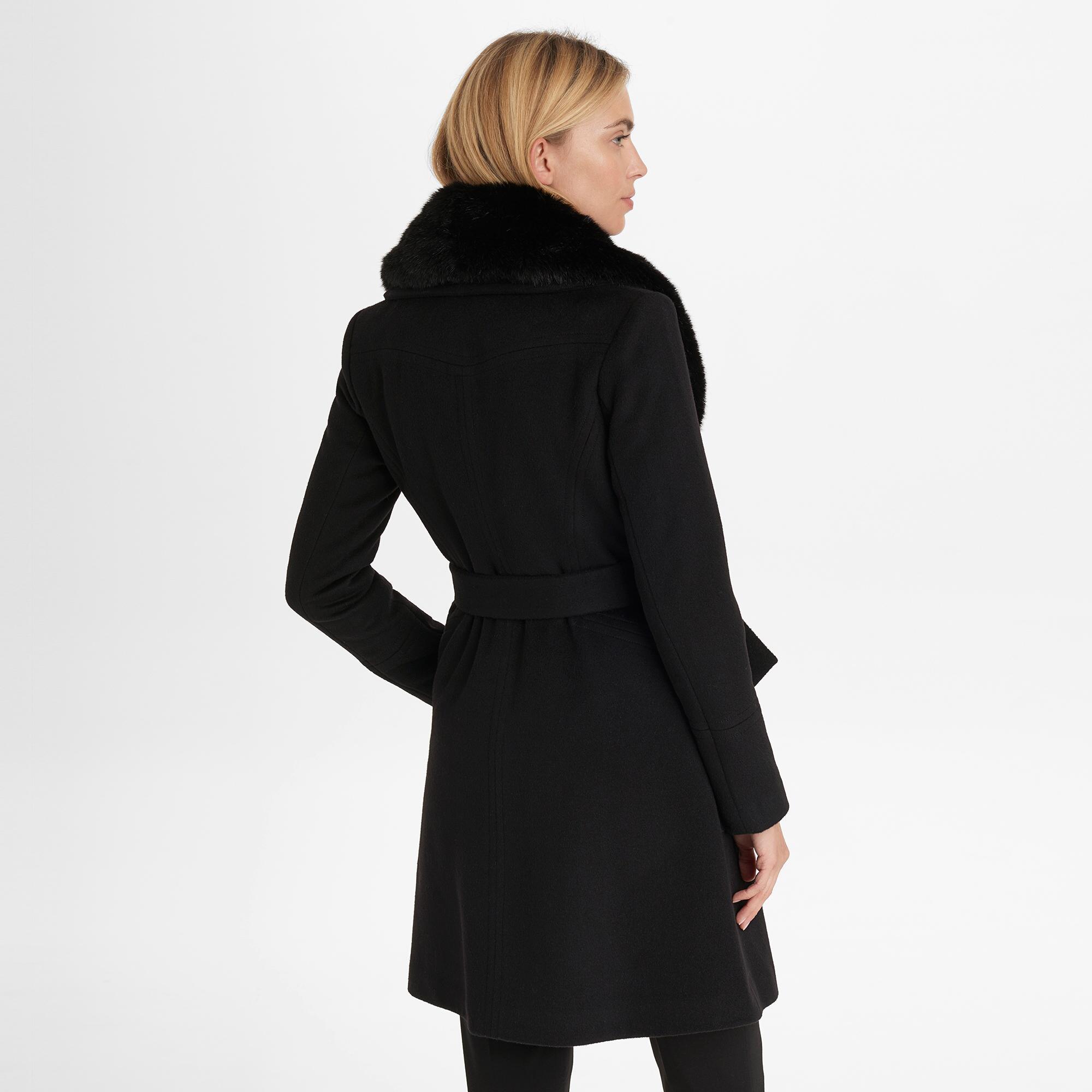 wool blend wrap coat with removable faux fur collar