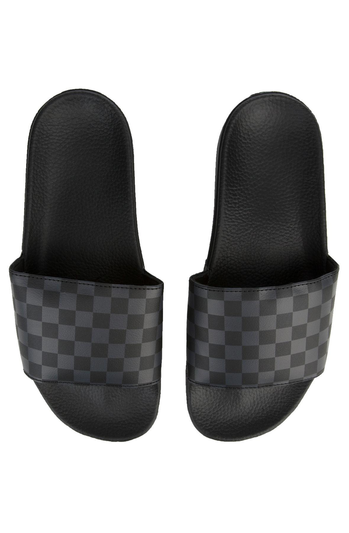 vans black checkerboard slides