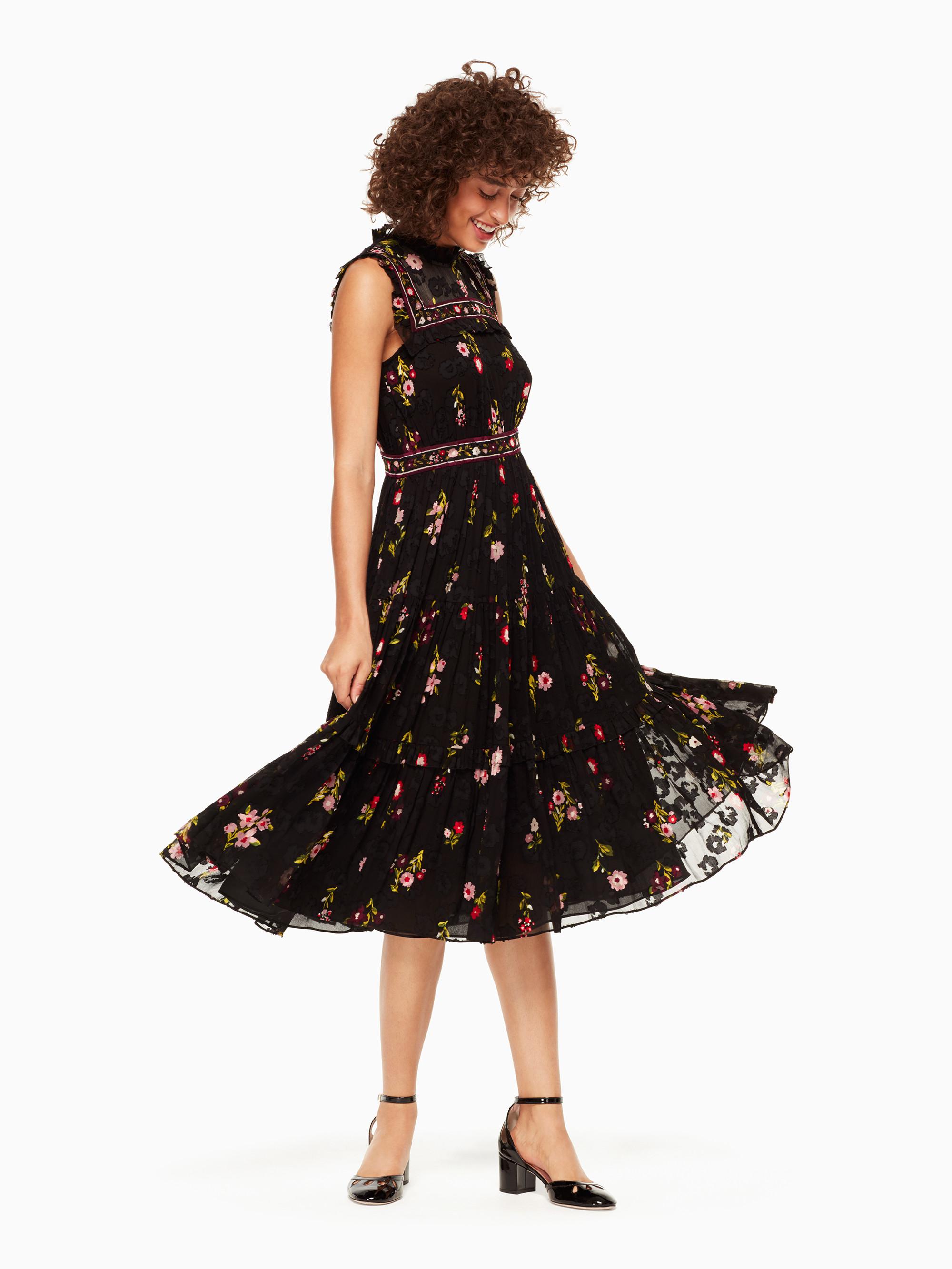 Kate Spade In Bloom Chiffon Midi Dress in Black | Lyst