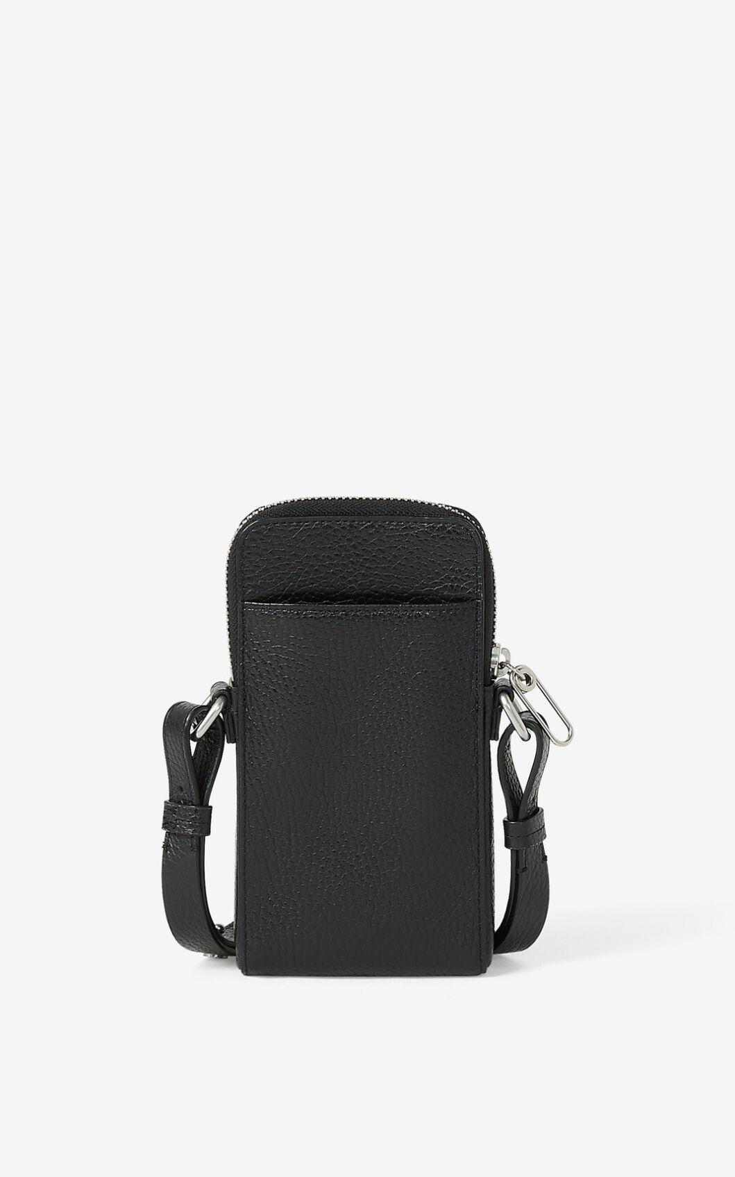 KENZO Imprint Grained Leather Crossbody Phone Holder in Black for Men
