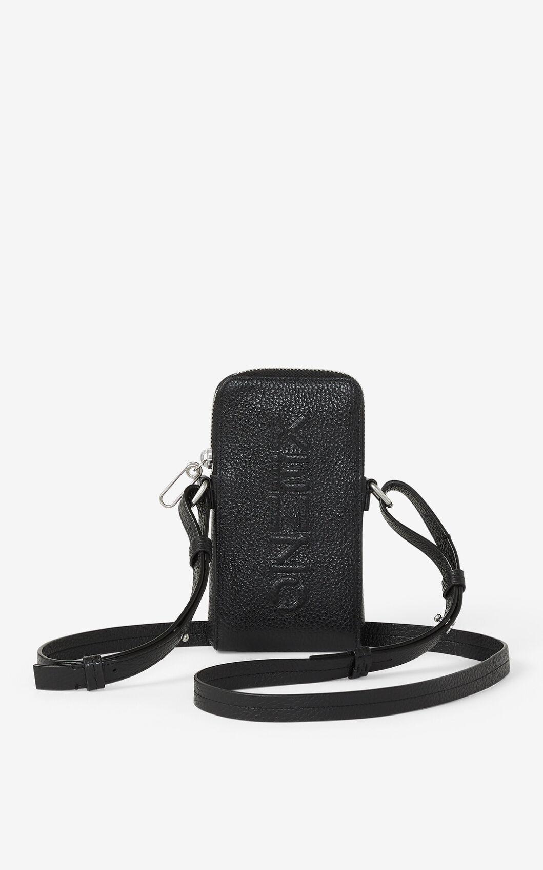 KENZO Imprint Grained Leather Crossbody Phone Holder in Black for Men