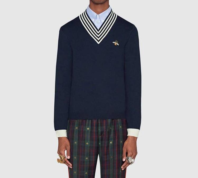 Gucci Bee Pattern V-Neck Wool Sweater in Blue for Men | Lyst UK