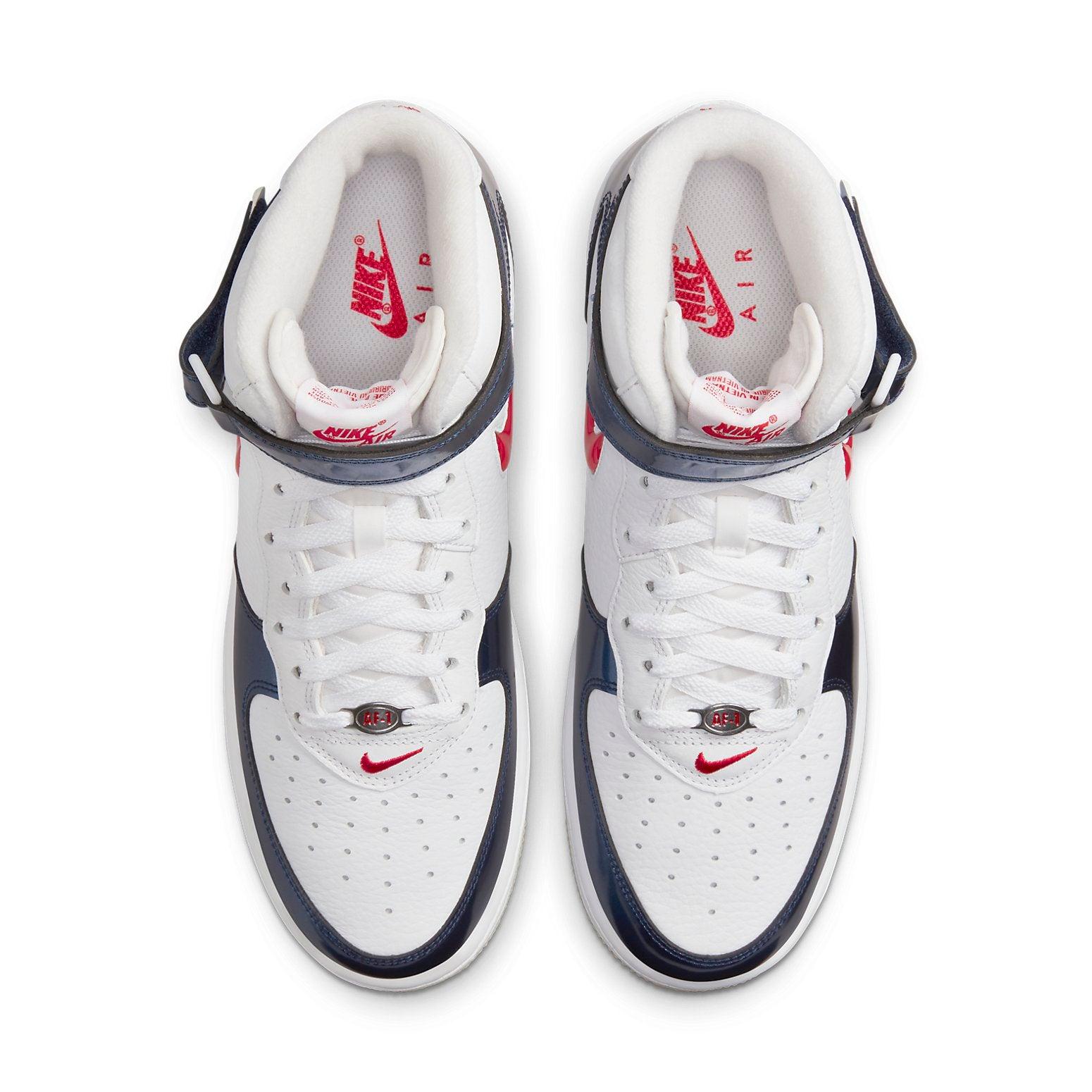 navy blue and red air force ones