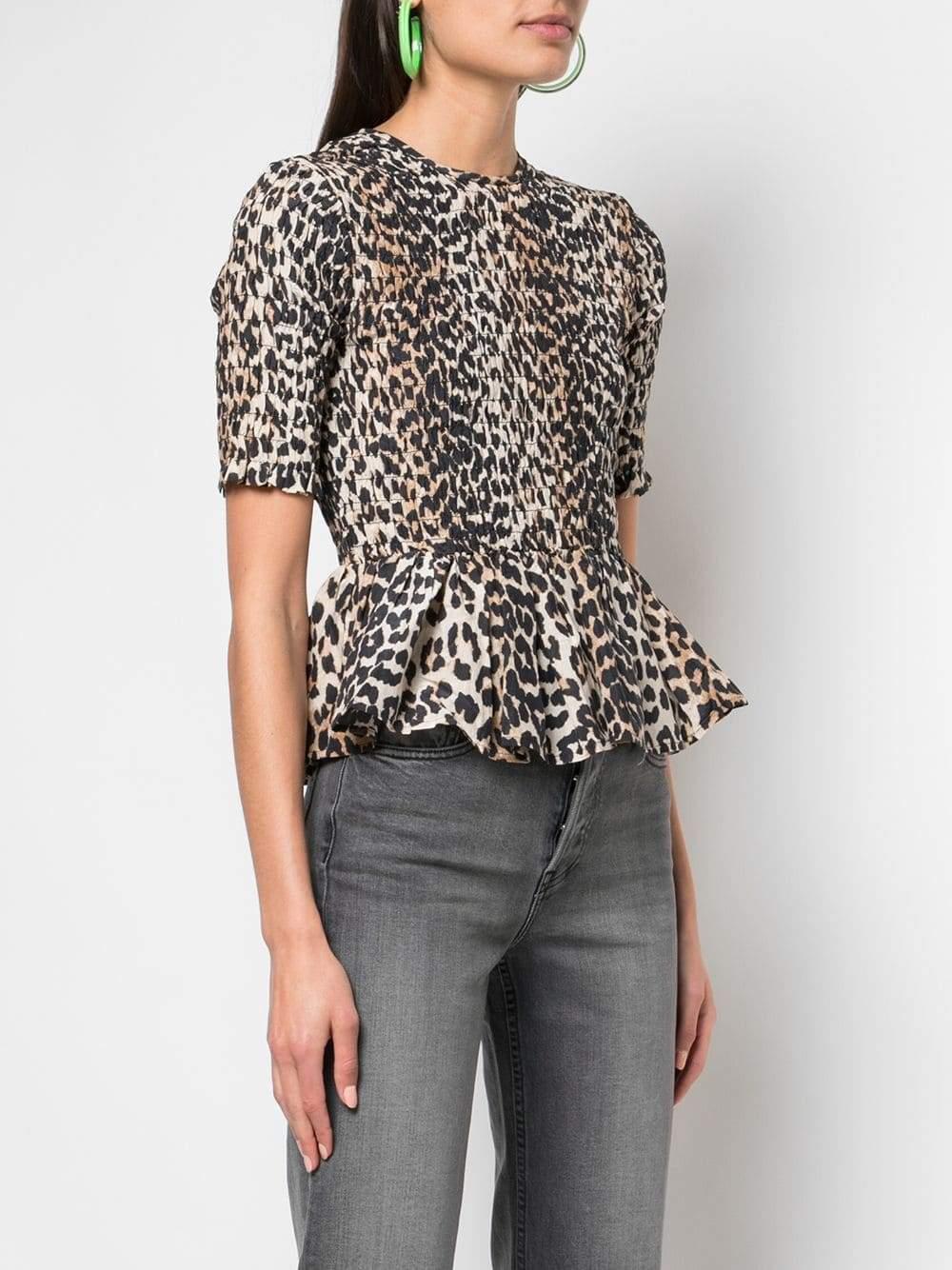Ganni Cotton Shirred Leopard Print Top - Lyst