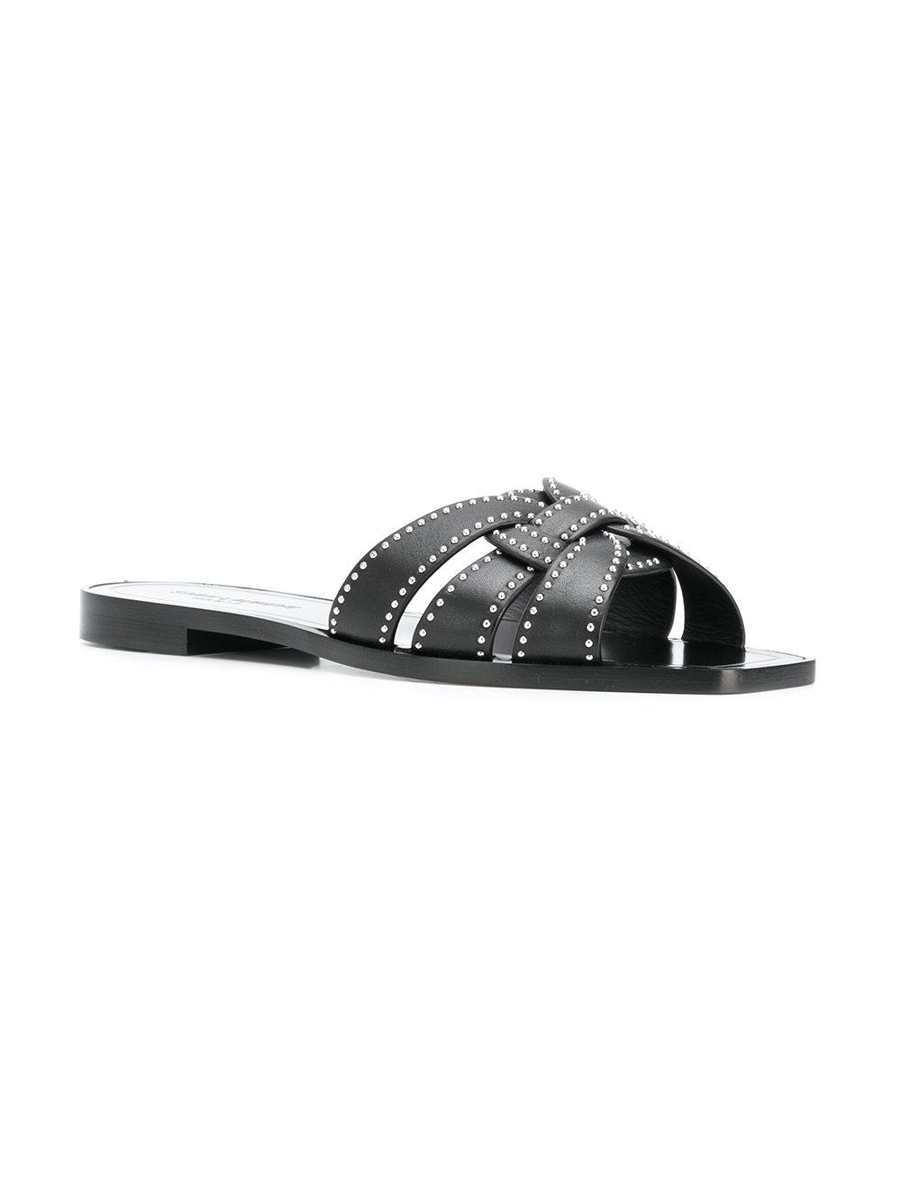 Saint Laurent Leather Tribute Studded Flat Sandals in Black - Lyst