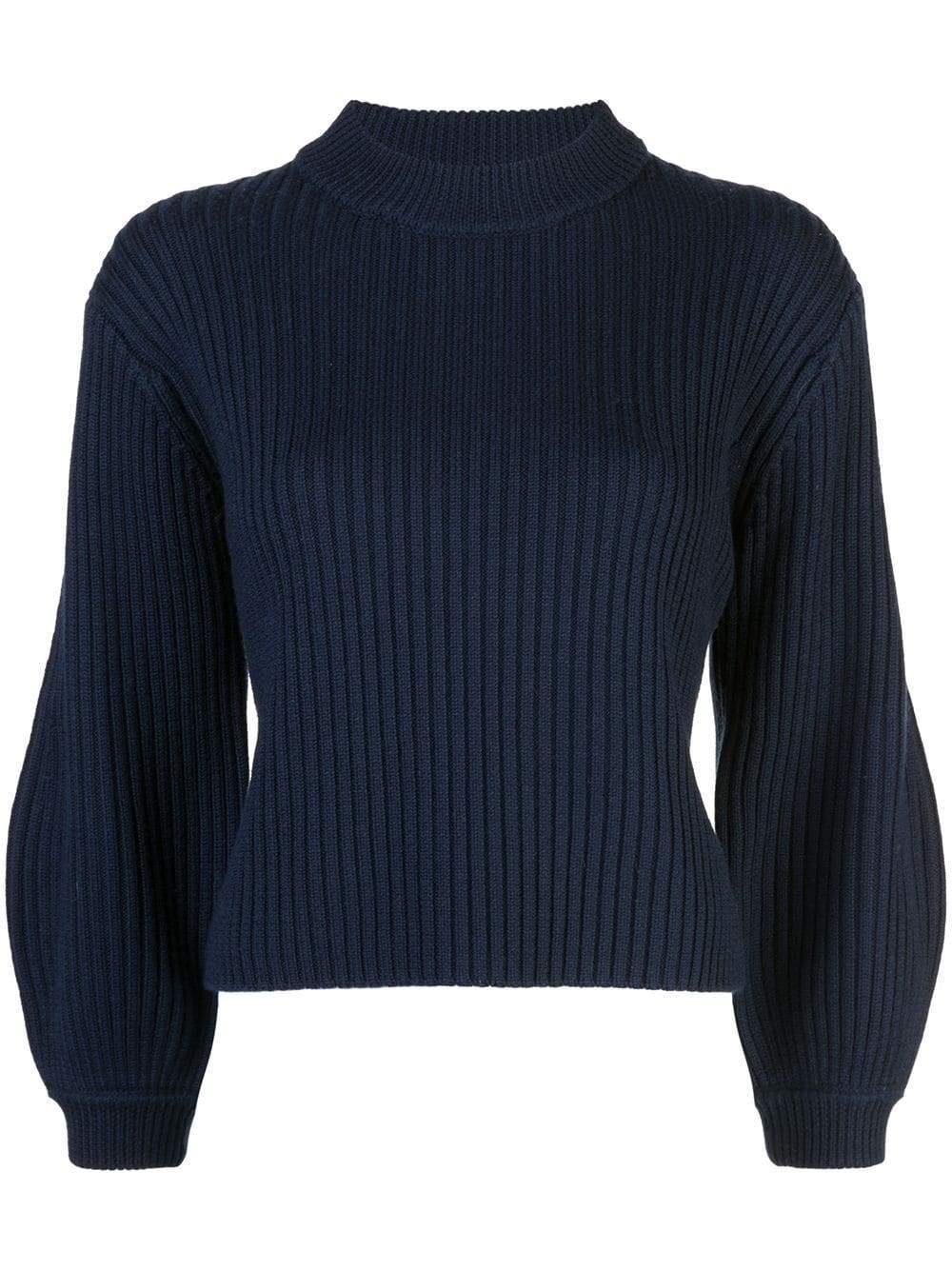 Tibi Wool Puff Sleeve Ribbed Sweater in Navy (Blue) - Lyst