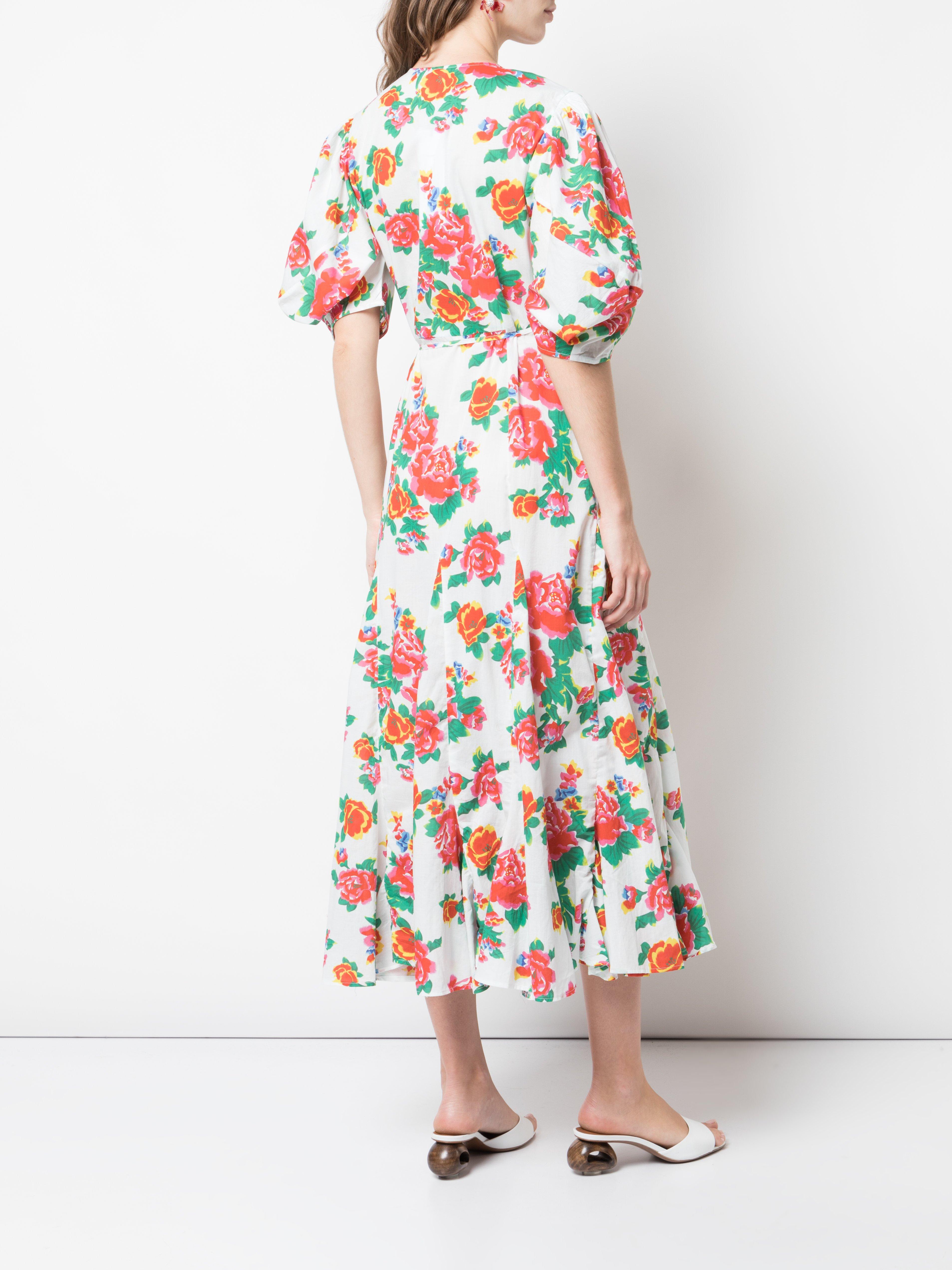 RHODE Cotton Fiona Puff Sleeve Floral Wrap Dress in White - Lyst