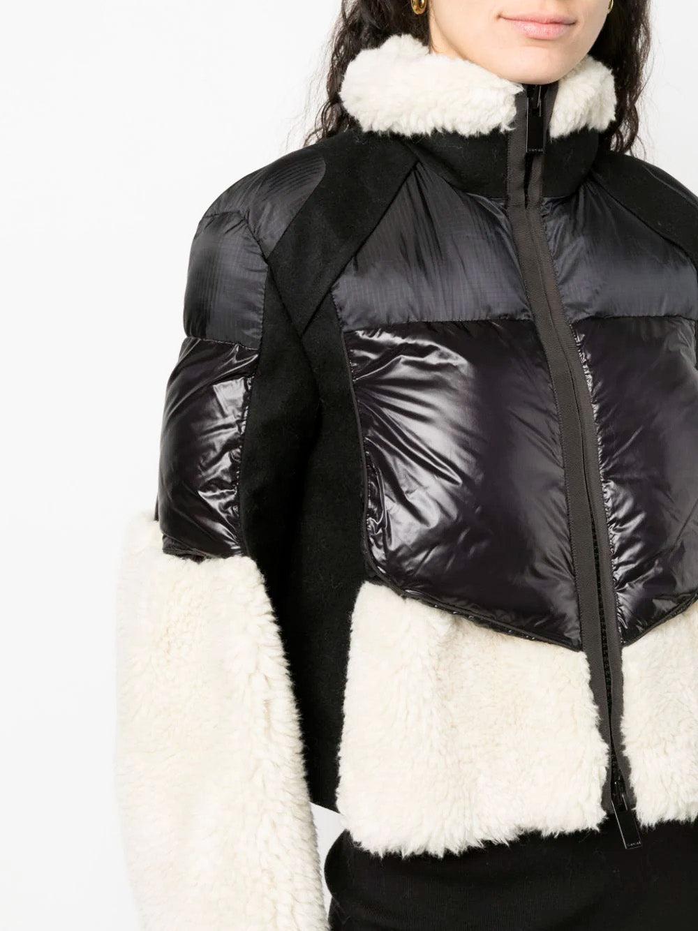 Sacai Faux Shearling Puffer Crop Jacket in Black | Lyst