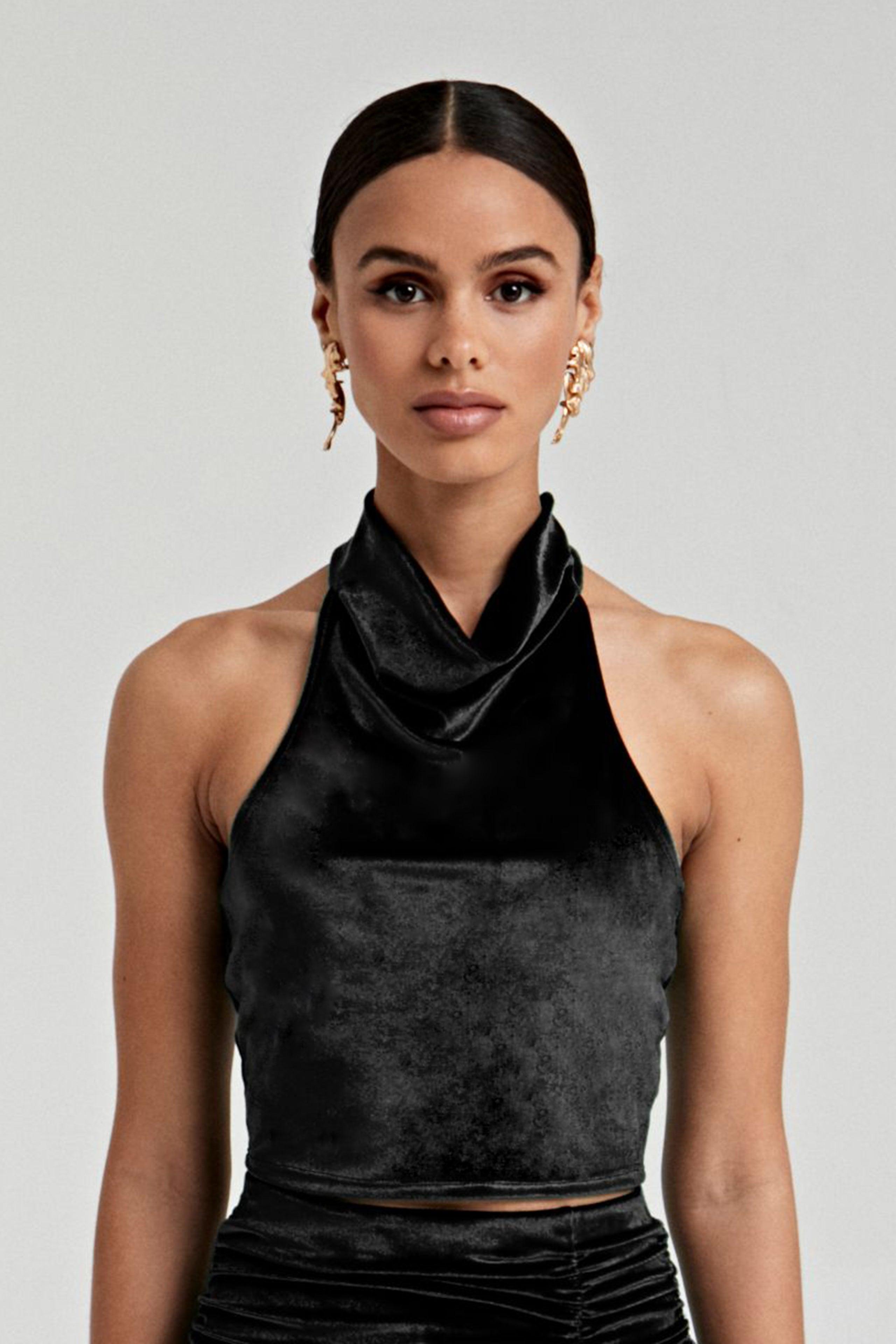 Krisa Cowl Neck Crop Halter in Black Lyst