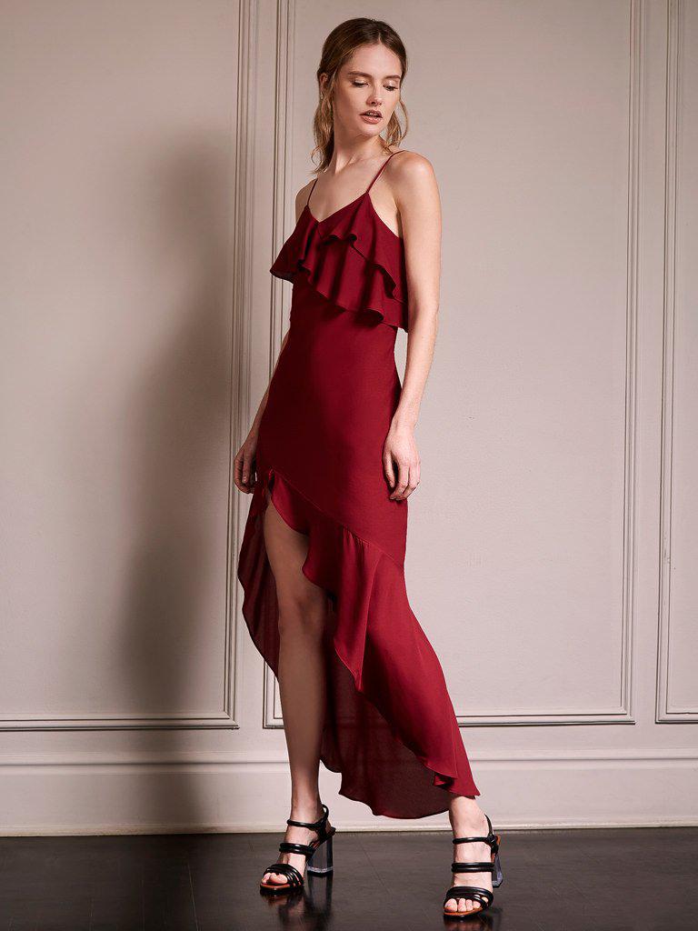 red ruffle high low dress