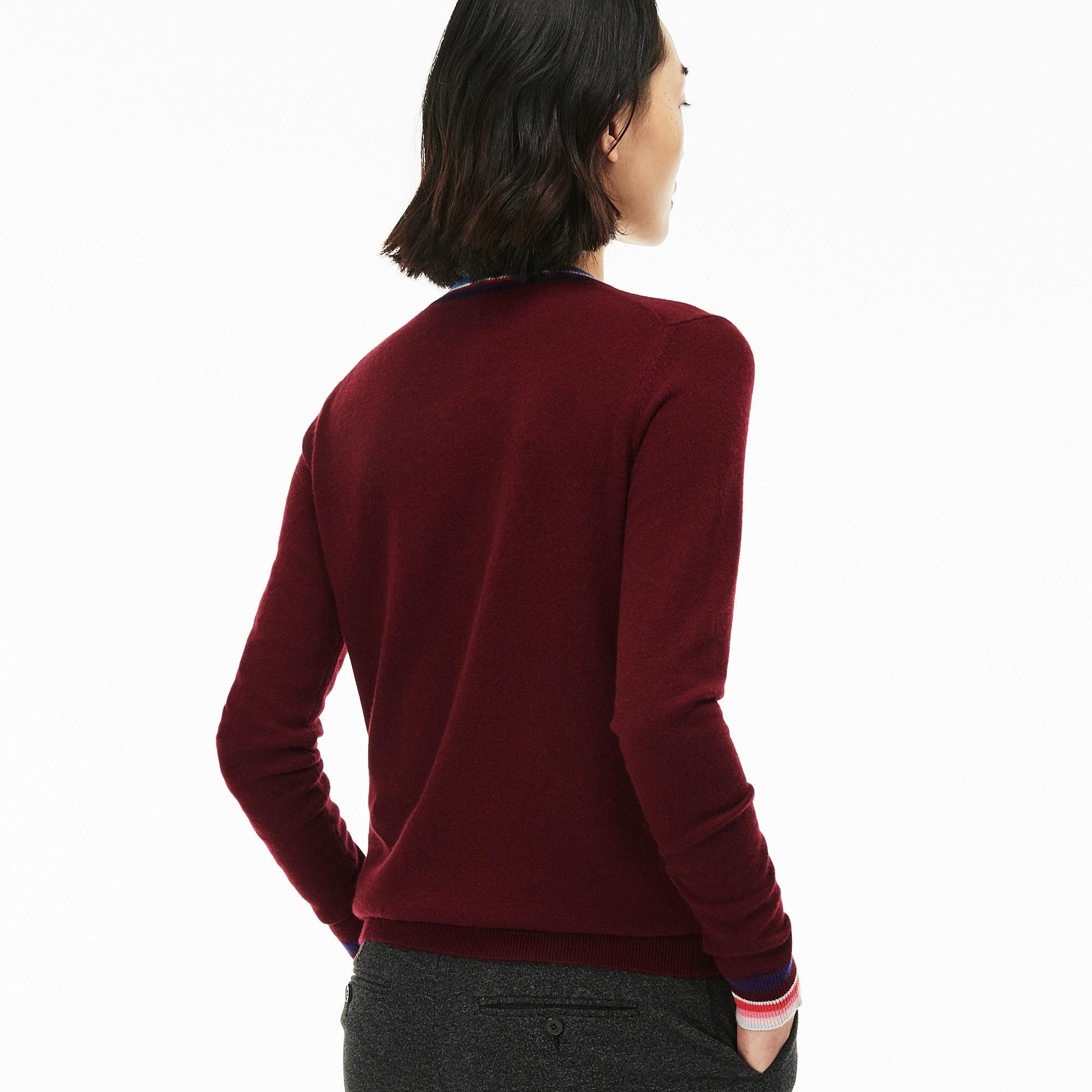 Lacoste Crew Neck Cashmere Jersey Sweater With Striped Accents in