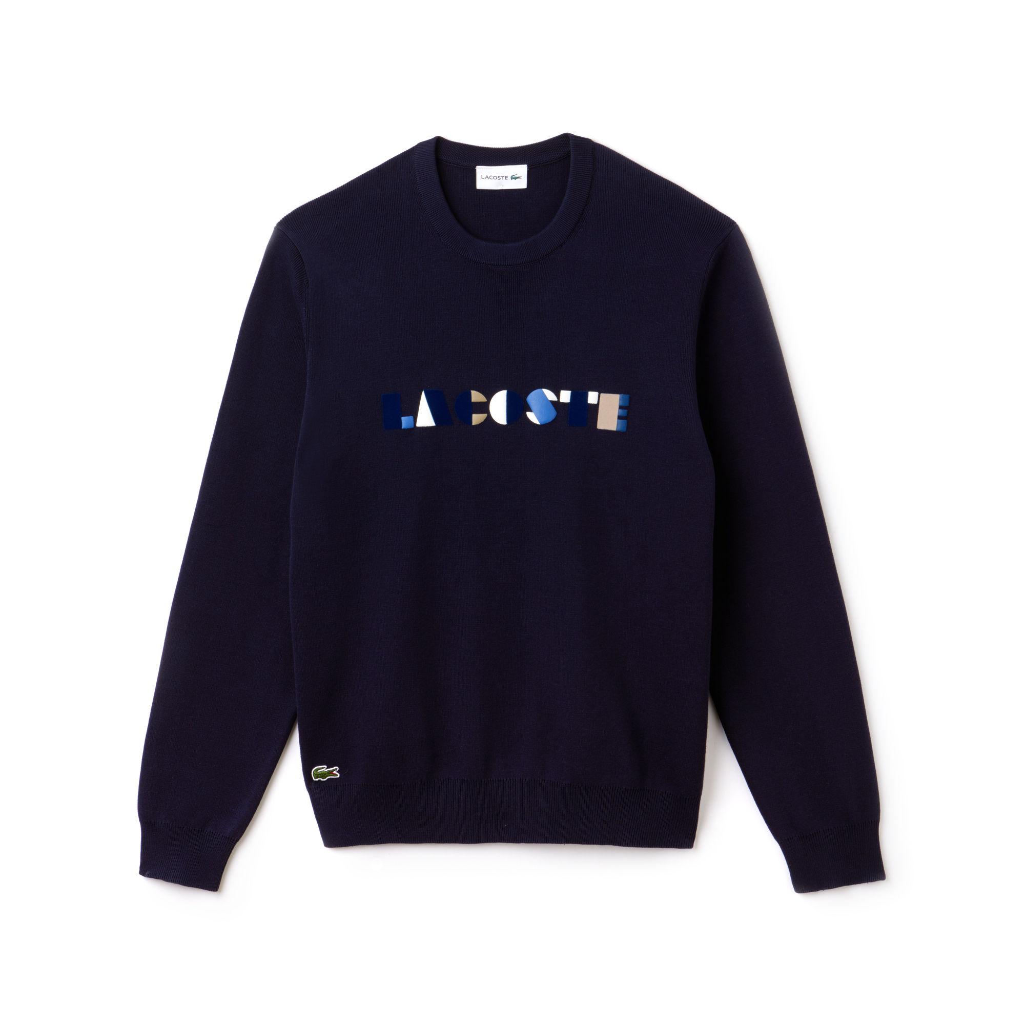 Lacoste Crew Neck Lettering Ribbed Pima Cotton Sweater in Navy Blue ...
