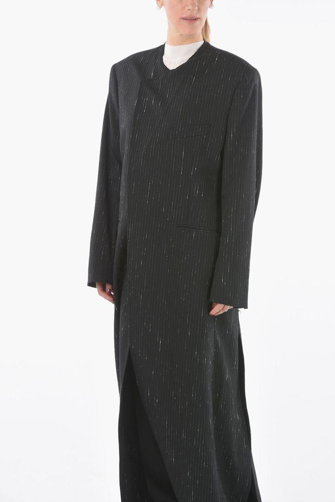 Vetements Collarless Pintriped Coat With Destroyed Detiling in Black | Lyst