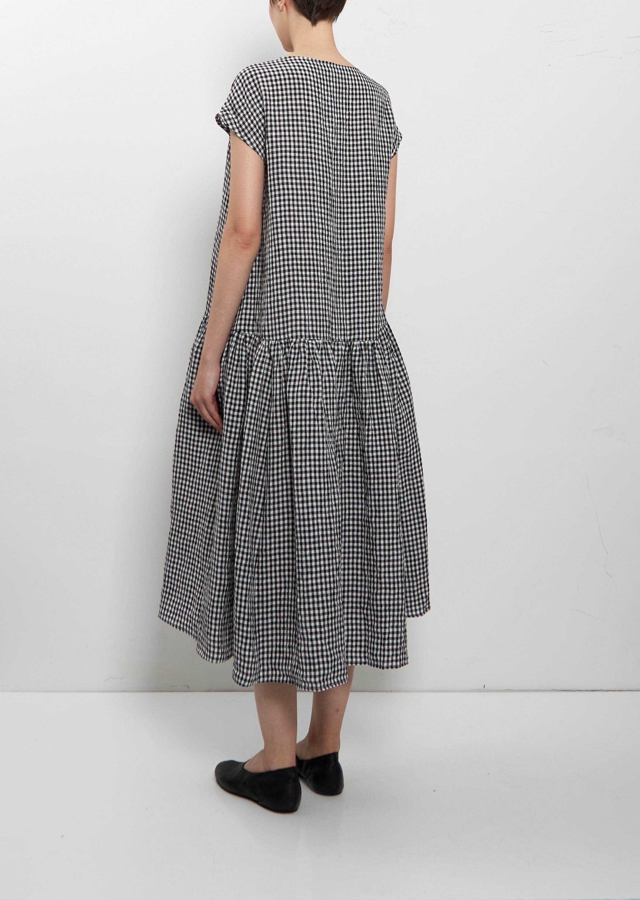 Apuntob Linen Vichy Check Gathered Dress in Grey | Lyst UK