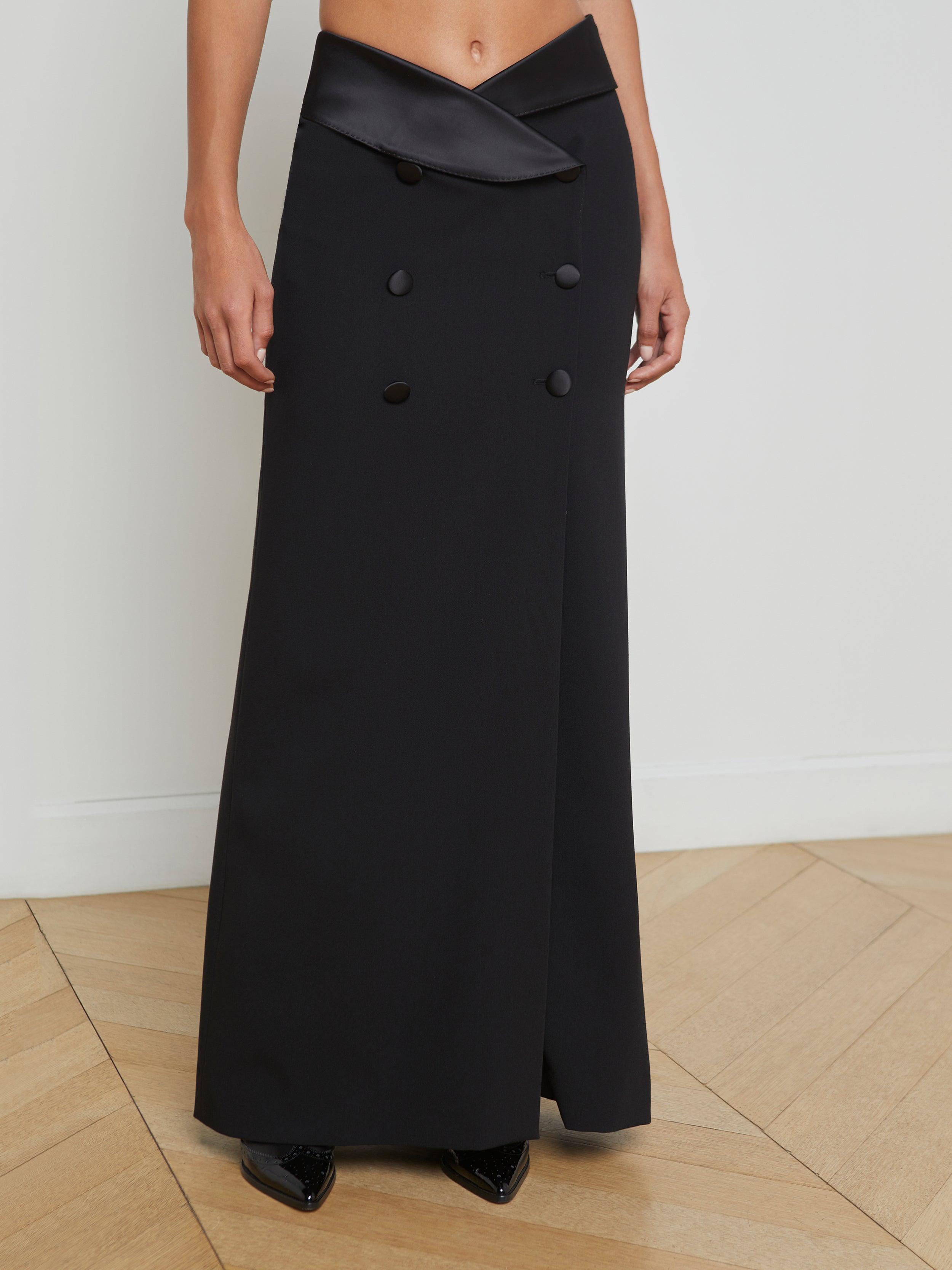 L'Agence Tuxedo-Style Satin Trim Maxi Skirt in White | Lyst