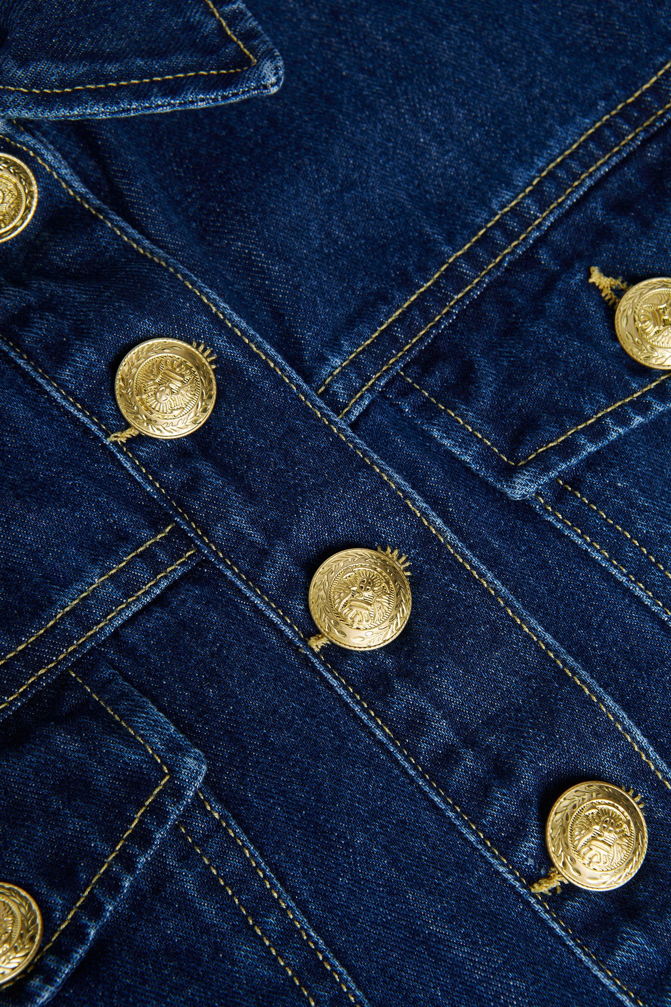 Cropped Denim Jean Jacket With Gold Buttons Balmain Cropped Denim