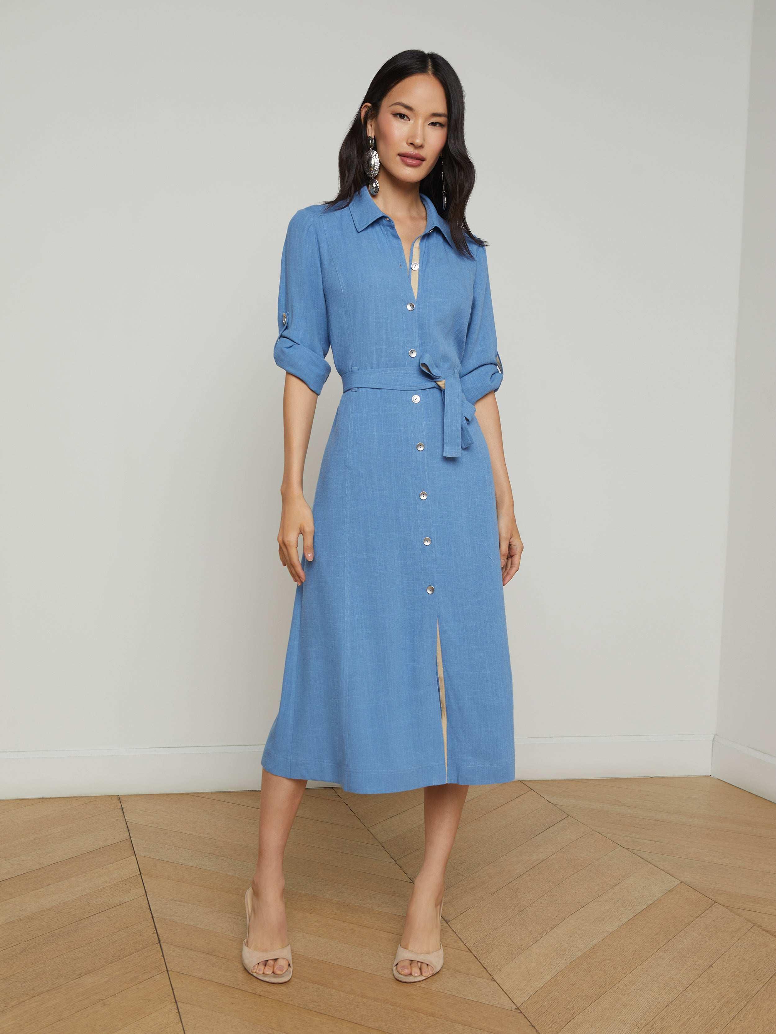 knee length dresses for ladies Ora Linen Blend Shirt Dress-Coffee main image 0