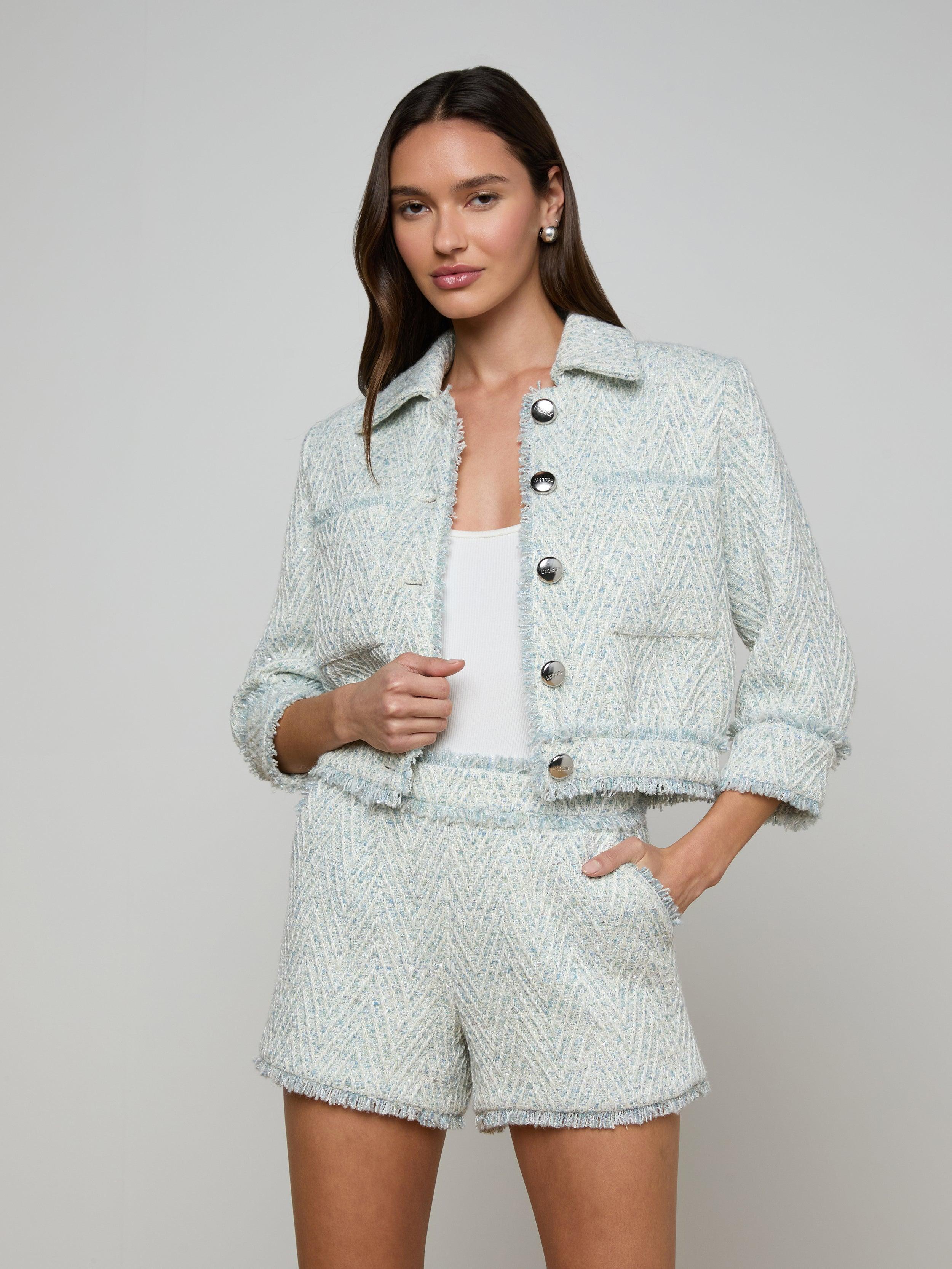 L'Agence Jia Fringed Tweed Jacket in White | Lyst