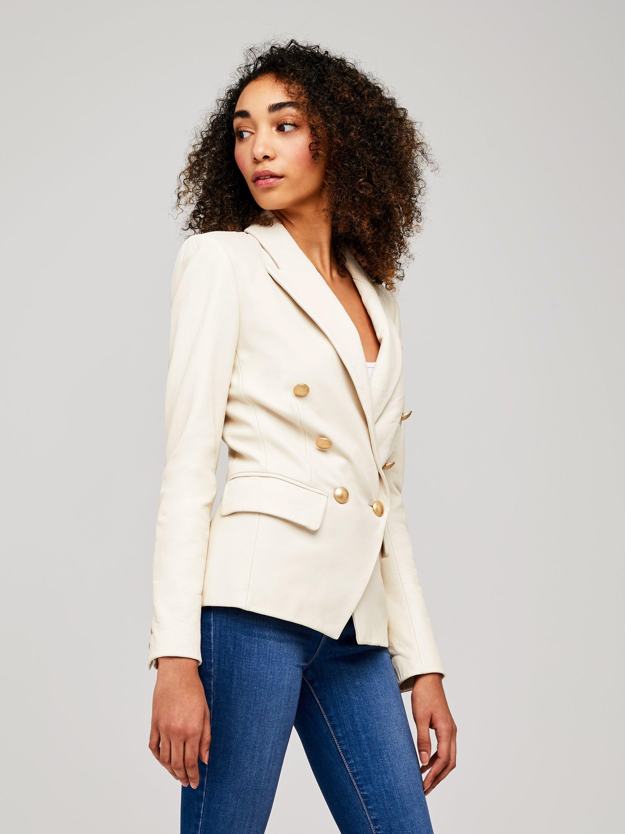 L'Agence Kenzie Leather Blazer in Ivory (White) - Lyst
