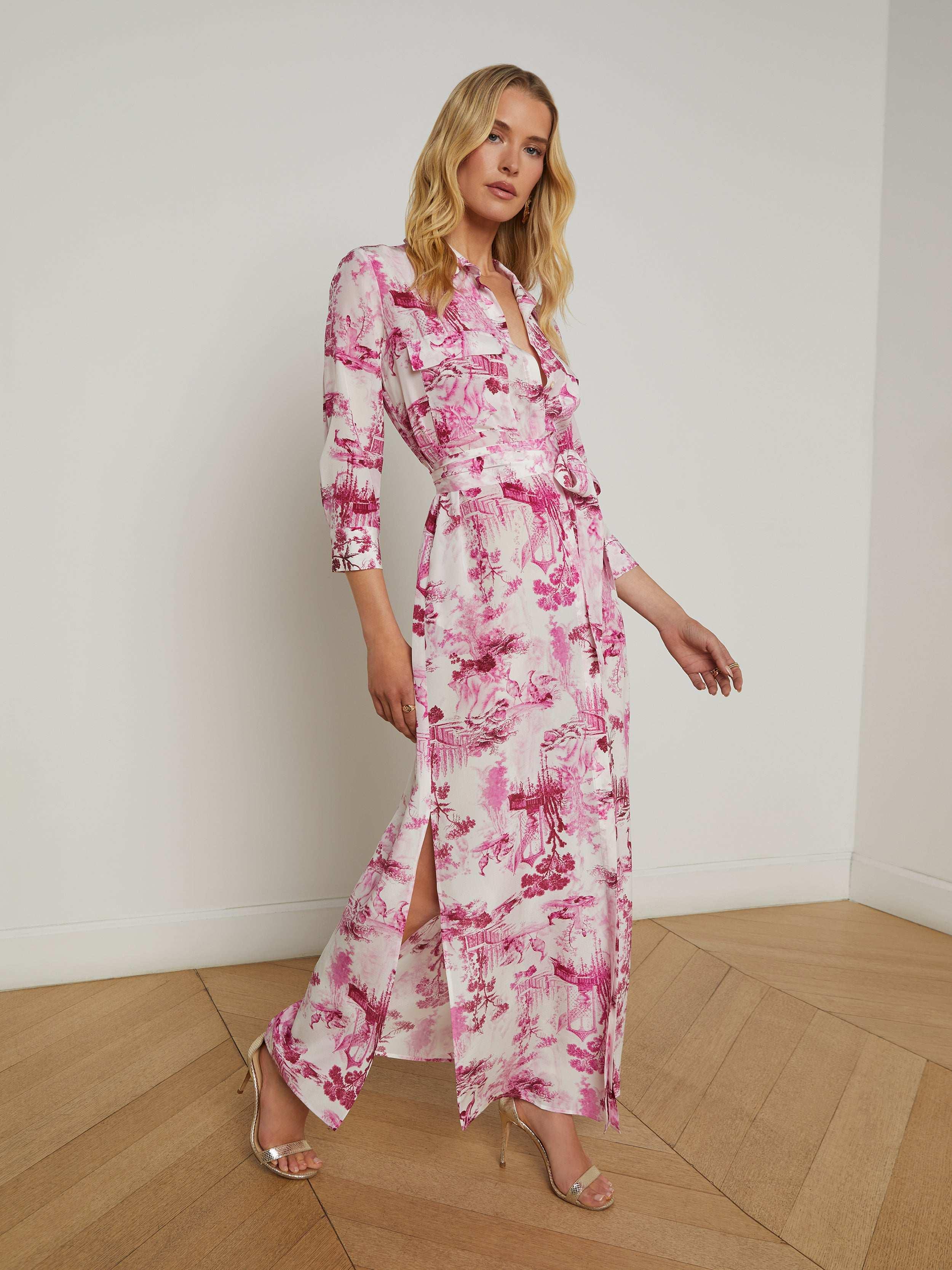 l'agence cameron silk shirt dress L'AGENCE Cameron Silk Shirt Dress In Light Pink Multi Large Postcard Print