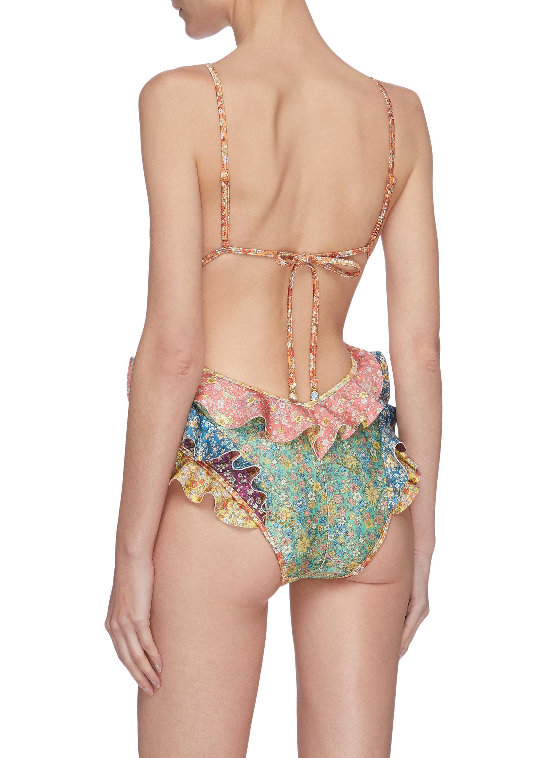 Zimmermann Synthetic 'carnaby' Colourblock Floral Print Ruffle Swimsuit -  Lyst