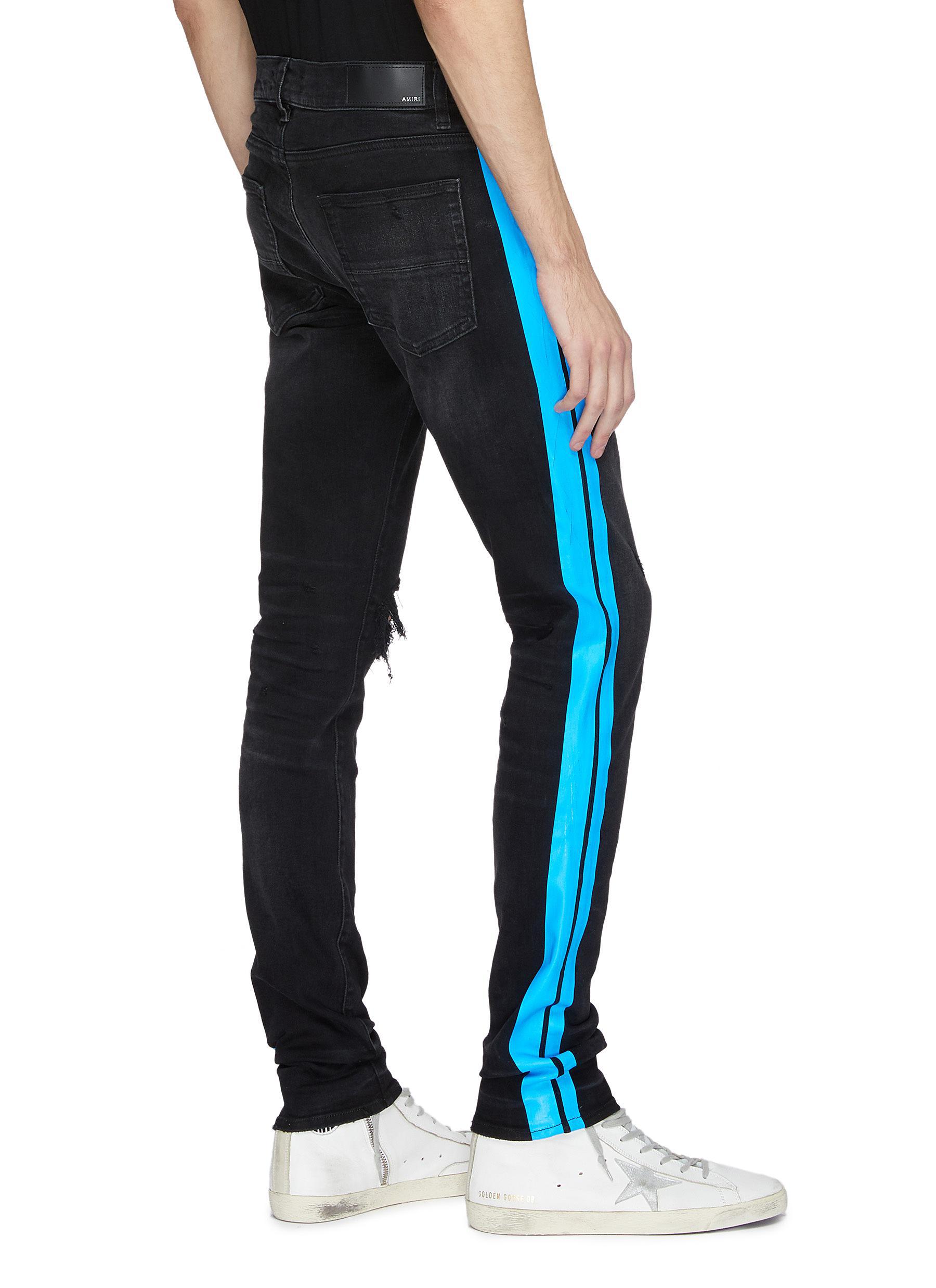Amiri Denim 'track' Neon Stripe Outseam Ripped Skinny Jeans in Black for Men - Lyst