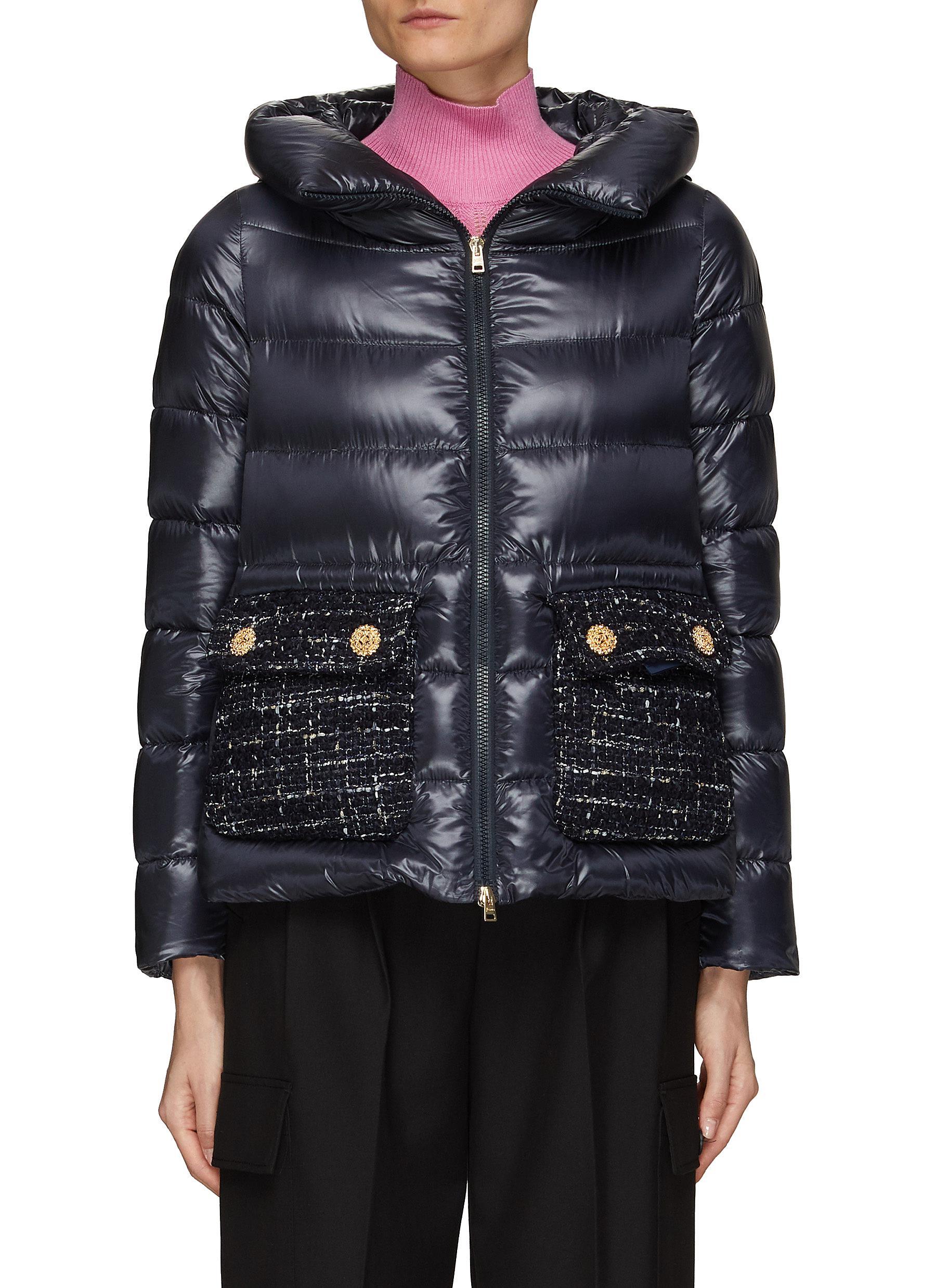 Herno 'soho' Tweed Pocket High Collar Quilted Puffer Jacket in Blue | Lyst