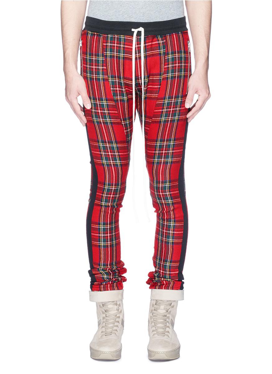 red plaid track pants